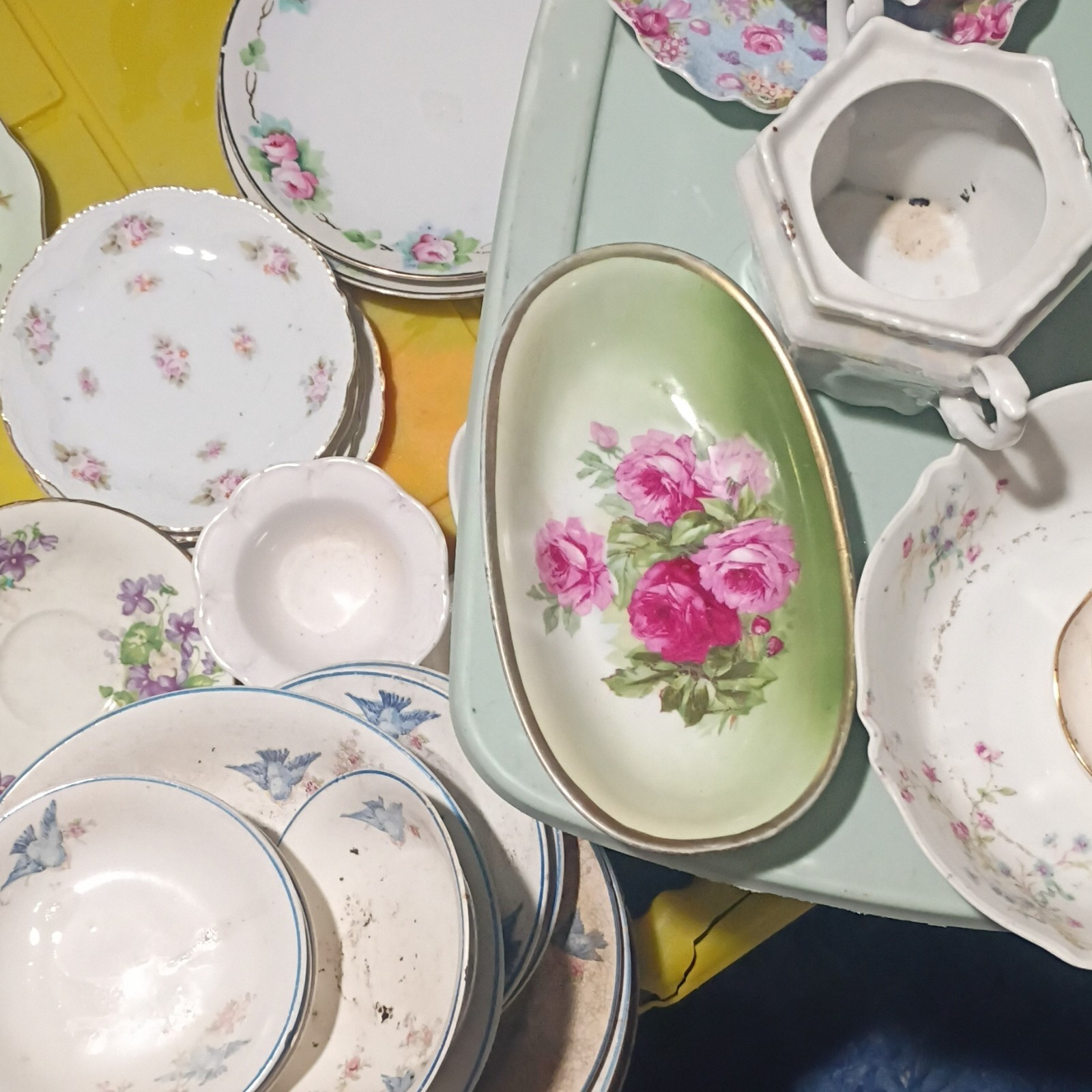 Unmarked Floral Porcelain Dishes Lot, White Pink Green Gold Trim, Glossy