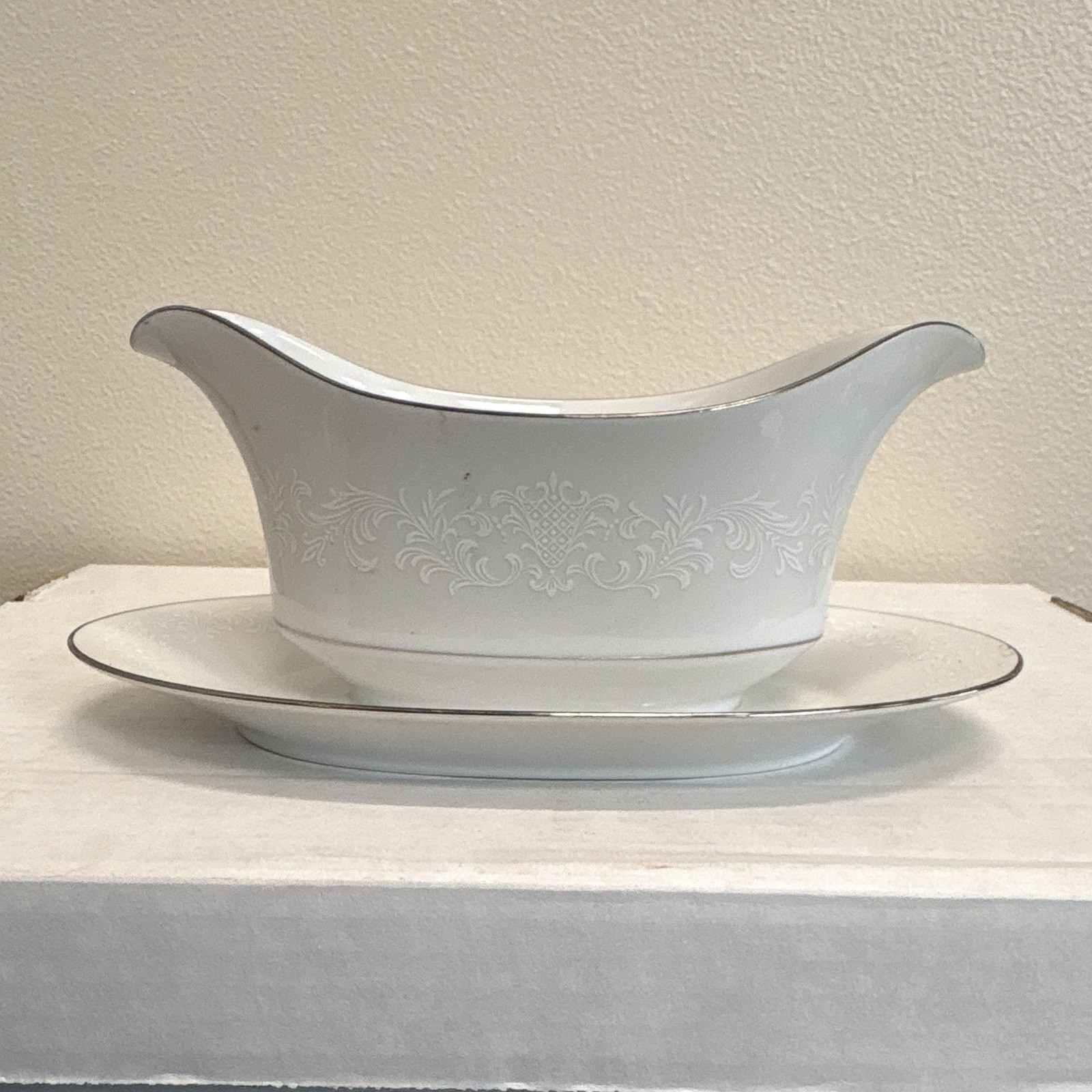 White Sango China Japan Set With White Engravings With Black Rims