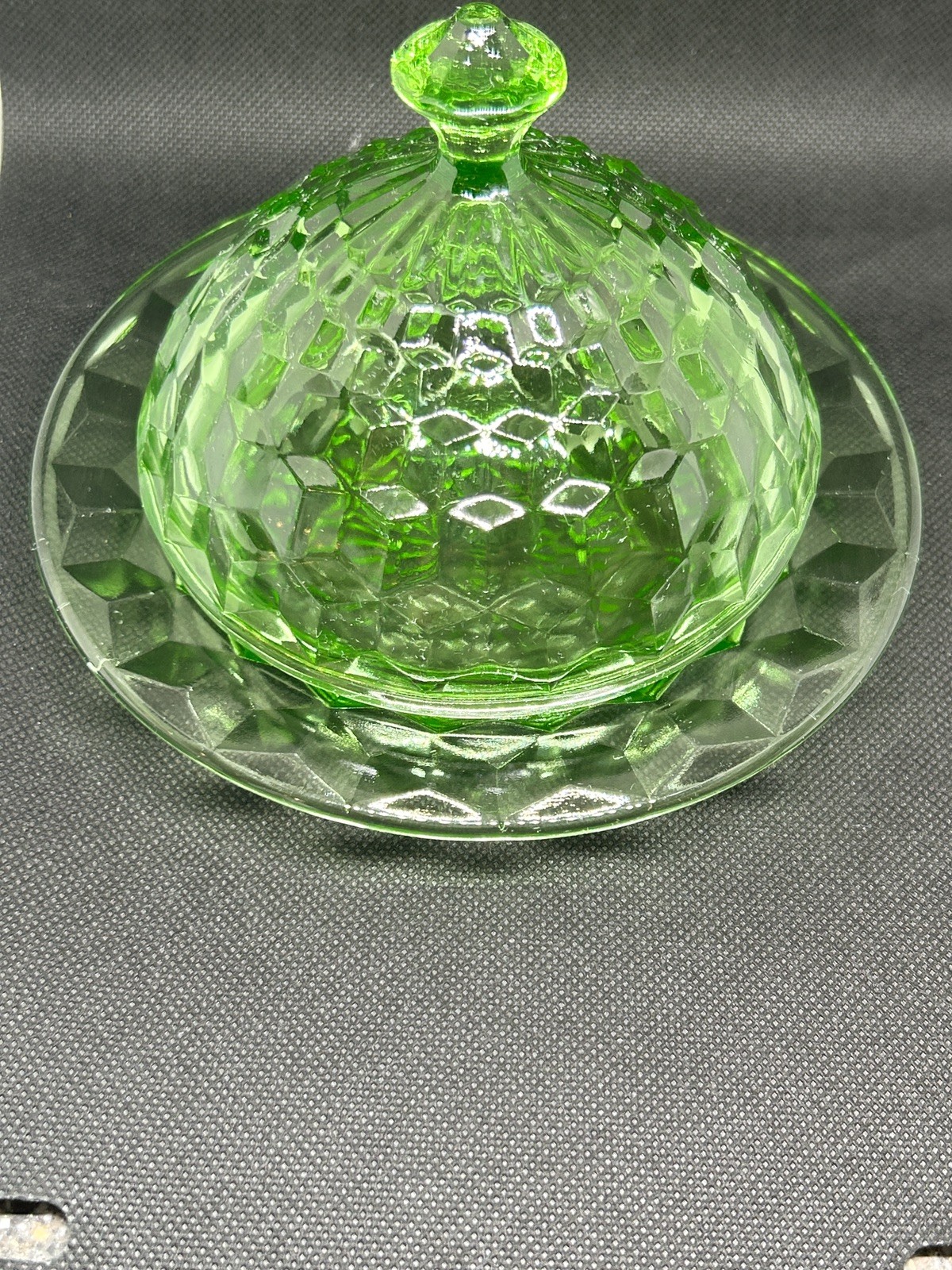 Vintage Jeannette Covered Butter Dish Depression Cubist Green Uranium Glows