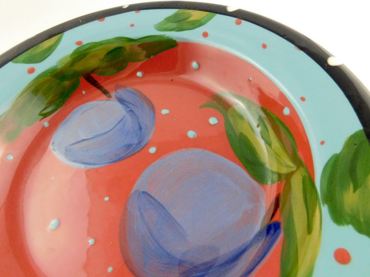 Ceramic Stoneware Rim Soup Bowl Handpainted Plums Signed on Base