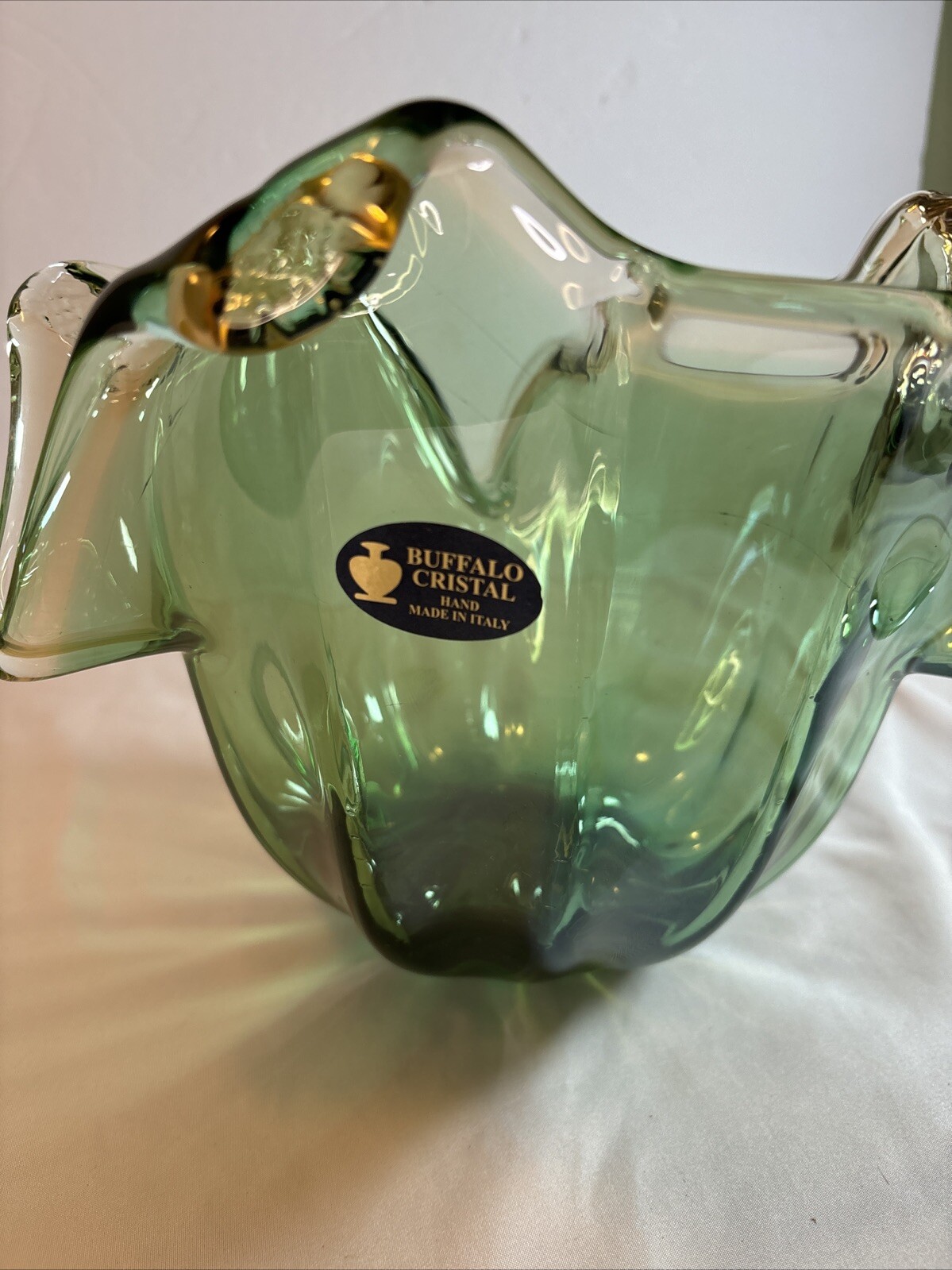 Murano Lavorazione Asymmetrical Art Glass Bowl Blue/Green Wave