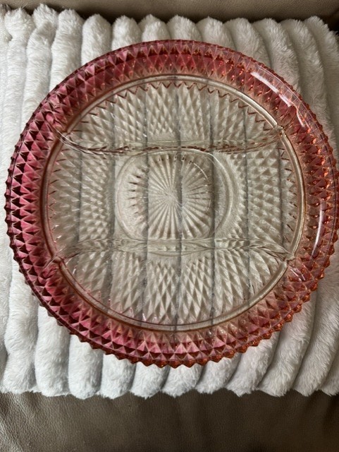 Vintage Indiana Glass Diamond Point Ruby Flash 12″ Divided Relish Dish 3-Part