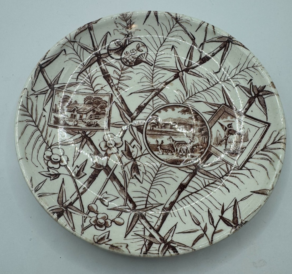 Antique JH Davis Chatsworth Transferware Brown Bamboo Pastoral Deer Bird Saucer
