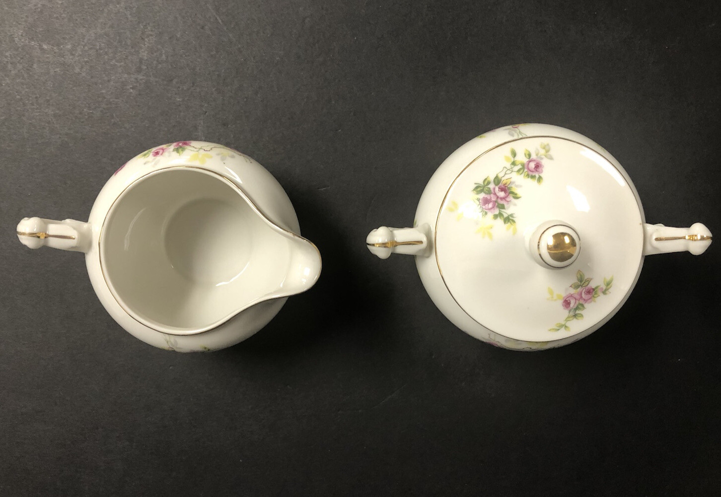 Pink White Rose CREAMER & SUGAR BOWL China SET Made in Occupied JAPAN 40’s Gold