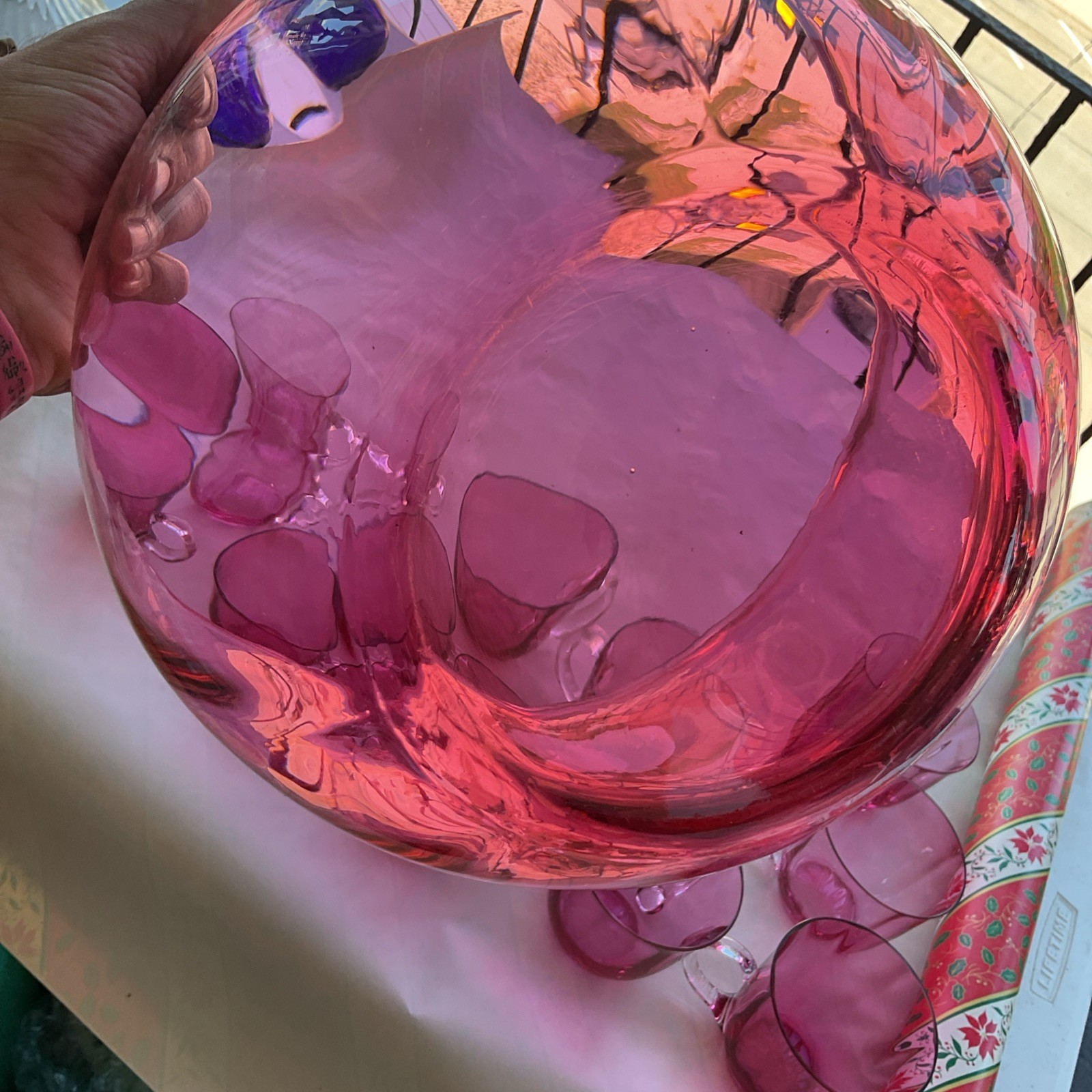 Antique Cranberry Pink Glass Punch Bowl Set w/ 10 Handled Cups Pilgrim Optic