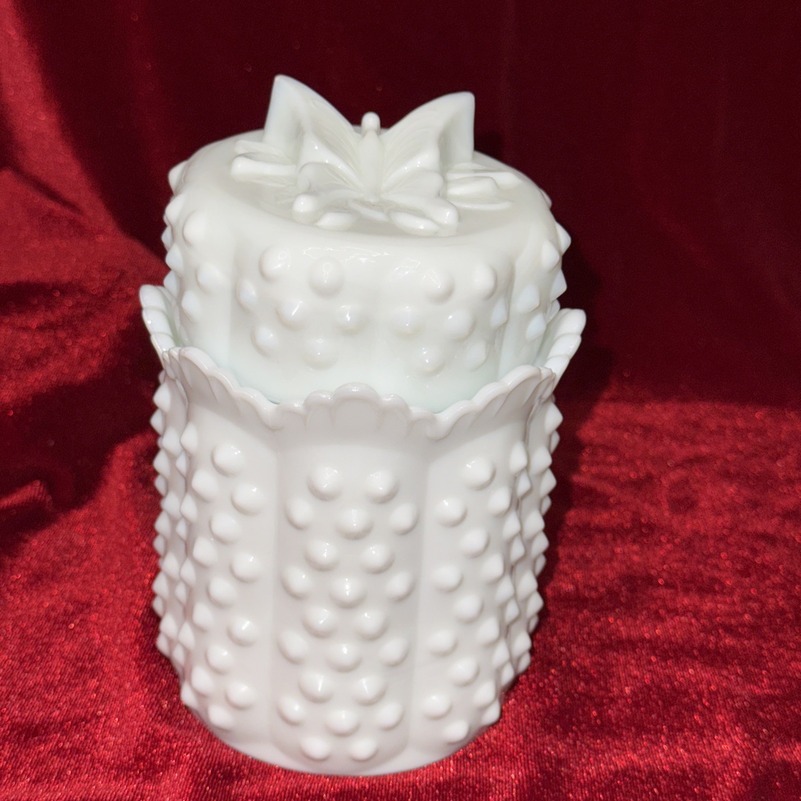 Vintage 6” Fenton 1970s Milk Glass Hobnail Jar Butterfly Lid Scalloped Edge