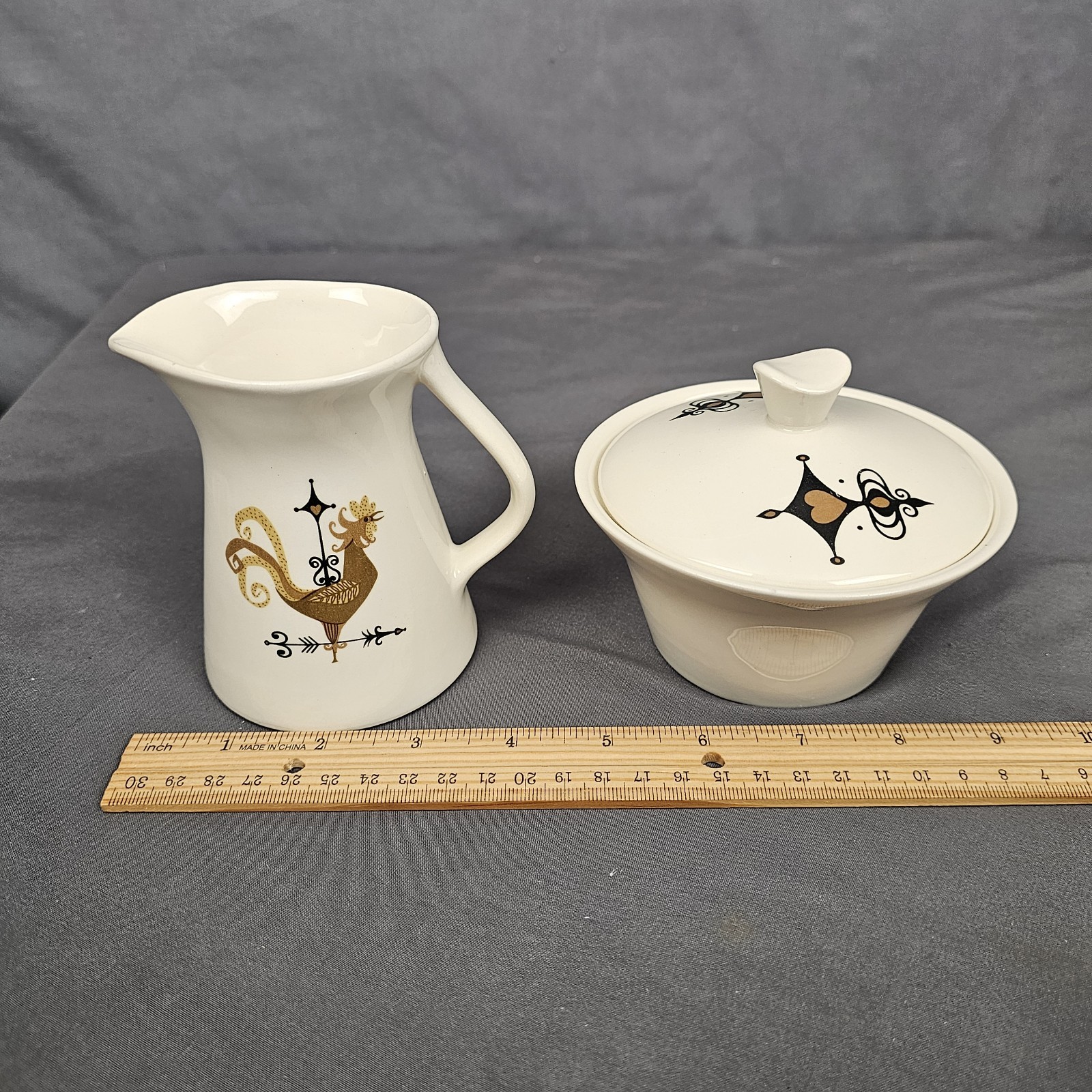Weather Vane Edwin Knowles Rooster Creamer and Sugar Bowl w Lid Set MCM