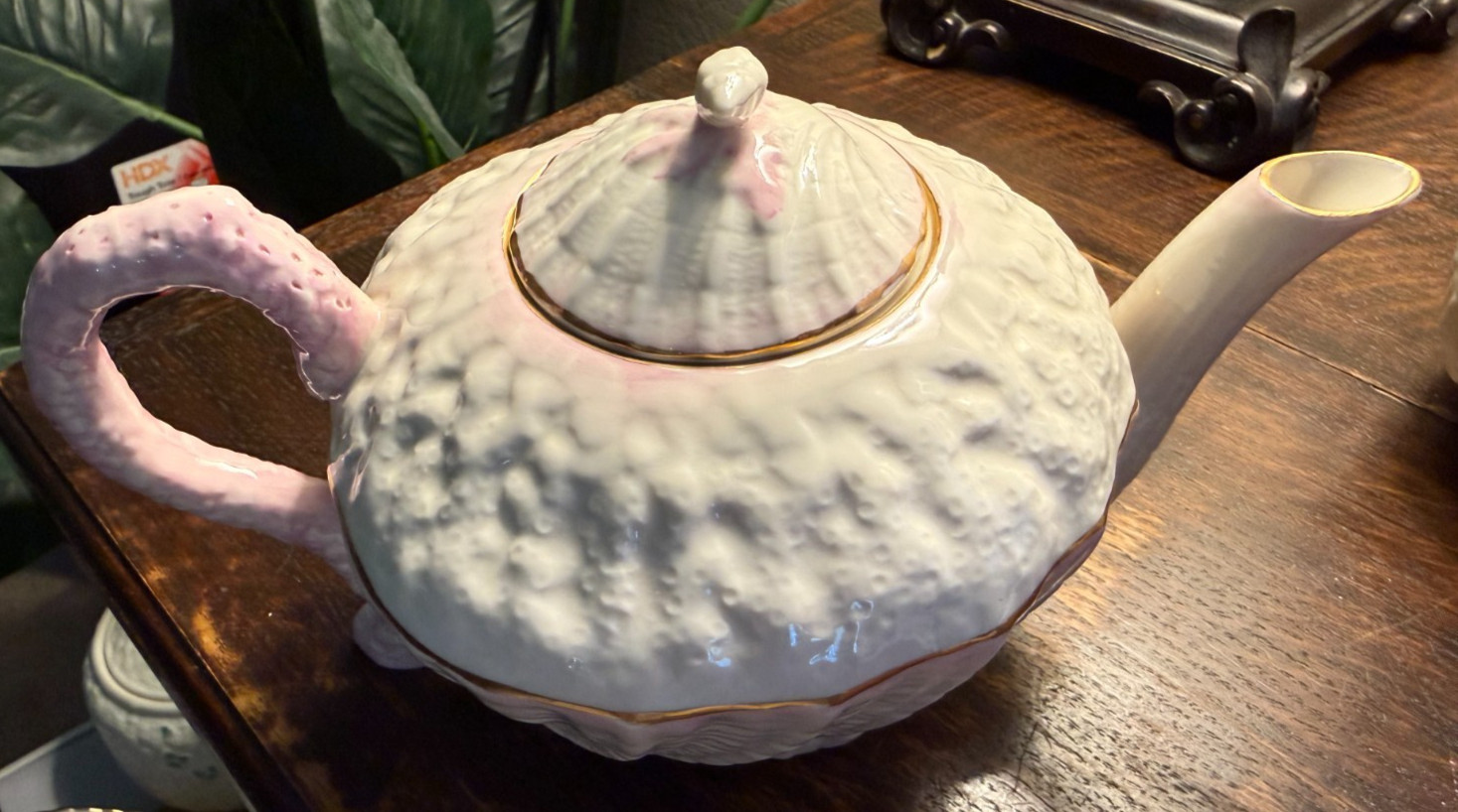 BELLEEK PINK NEPTUNE SEA SHELLS TEAPOT, SUGAR BOWL, CREAMER MINT CONDITION