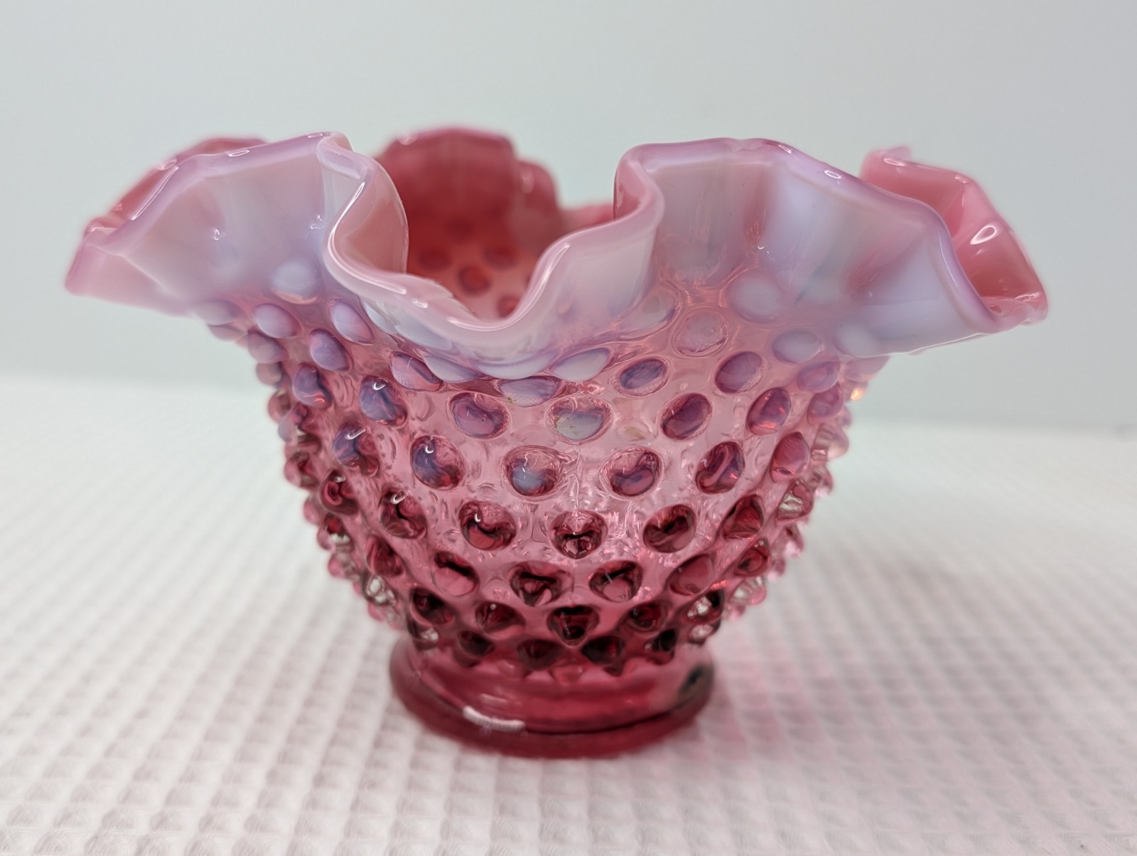 Fenton Cranberry Opalescent Candy Bowl Dish Hobnail Ruffled Vtg Snap Ring Marks