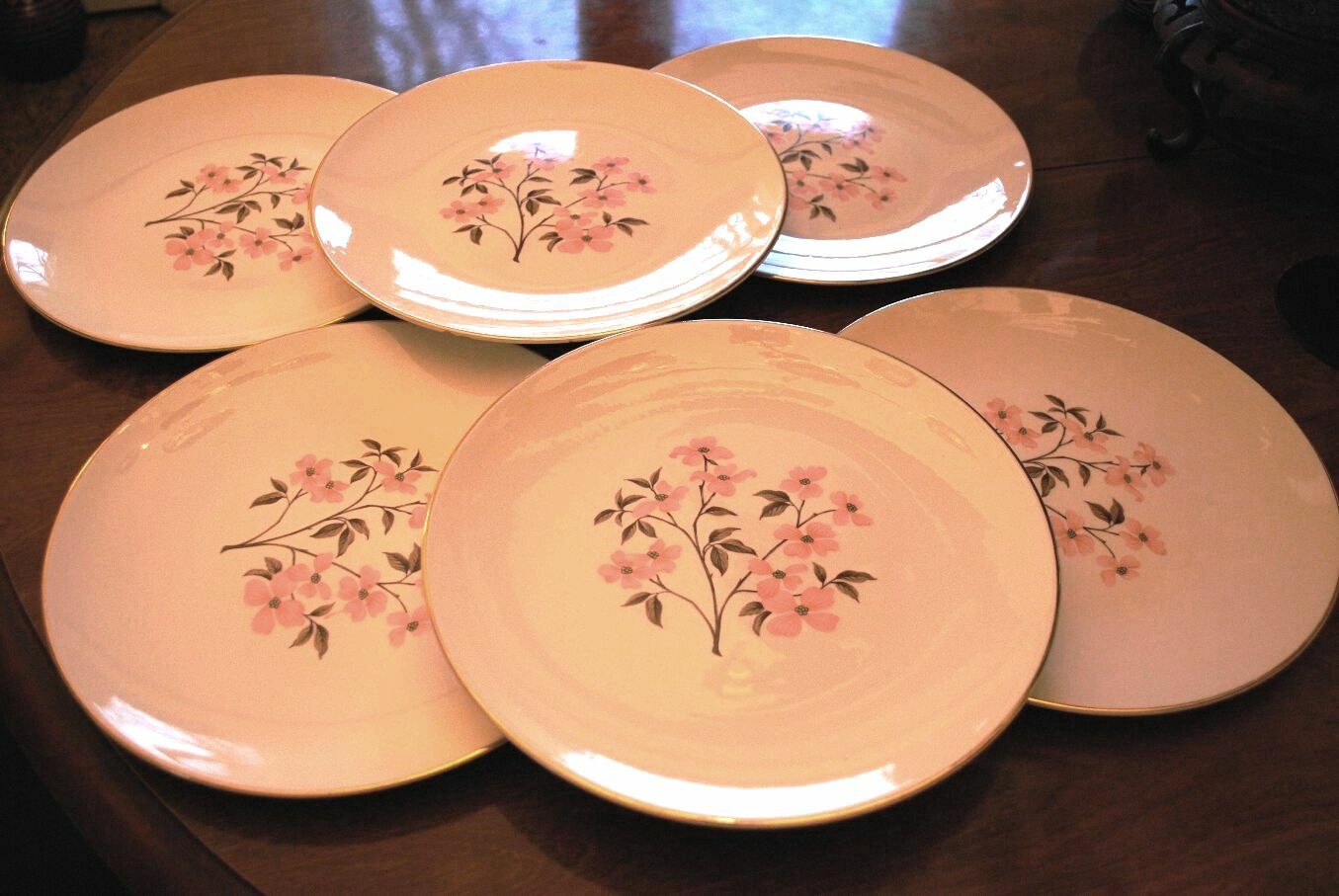 Vintage Set 6 Knowles China PINK DOGWOOD Dinner Plates Gold Rim ‘Kalla’ 1960s