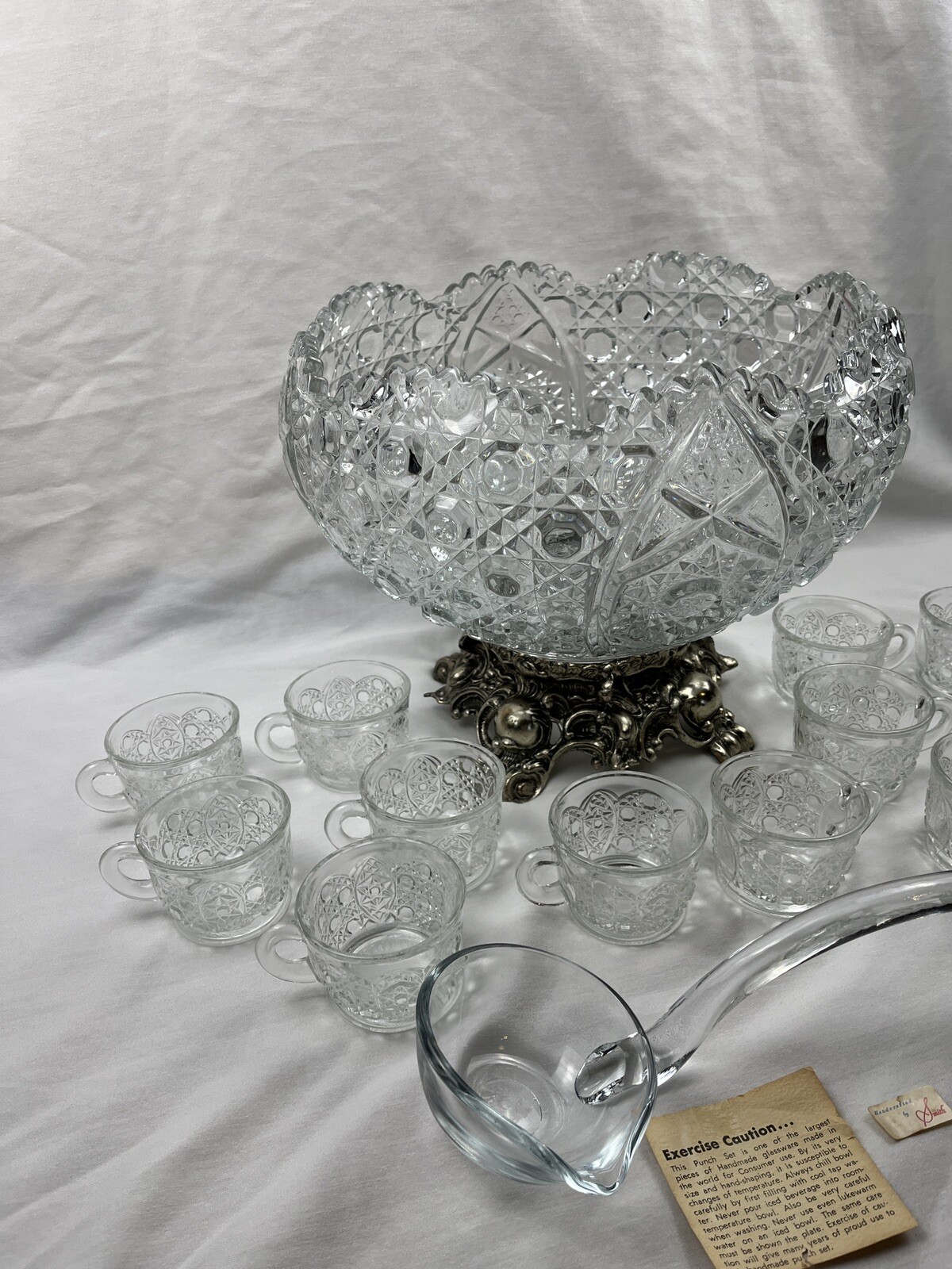 L.E.. Smith Daisy Button Punch Bowl Cup Set W/ Metal Stand Vintage MCM 1950s