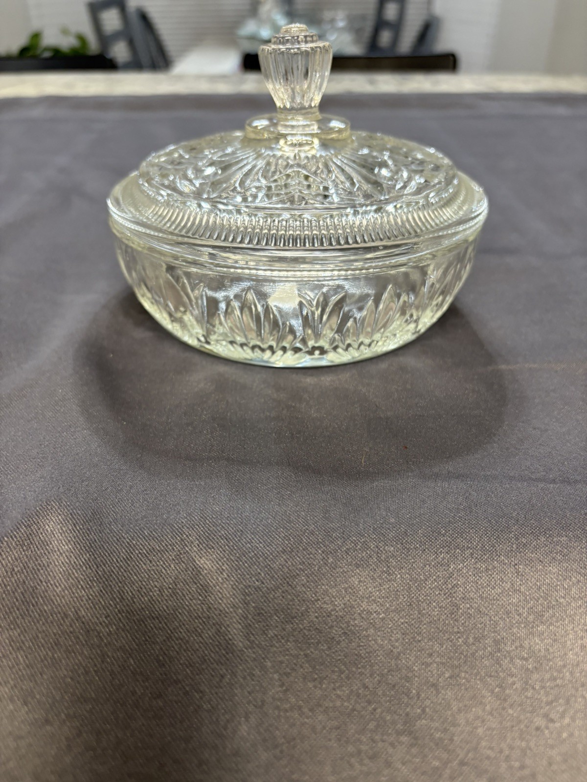 Vintage Avon Glass Candy Bowl with Lid, Trinket Dish, Star Patterned Glass 6×3