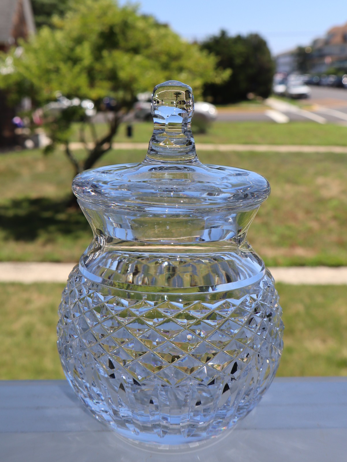 WATERFORD CRYSTAL ROUND BULBOUS COVERED CONDIMENT HONEY JAR