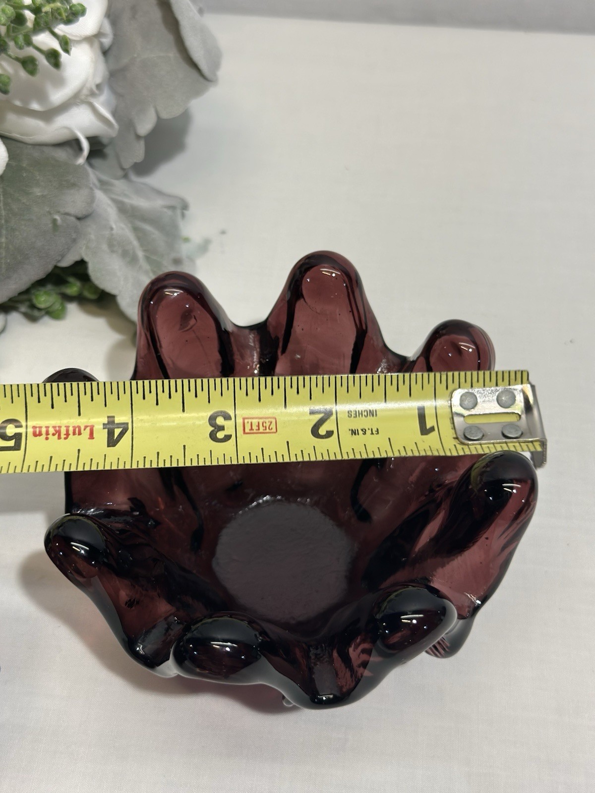 Pair Of Vintage Amethyst Purple 8 Finger Art Glass Dishes 2.5” & 3” Blown Glass