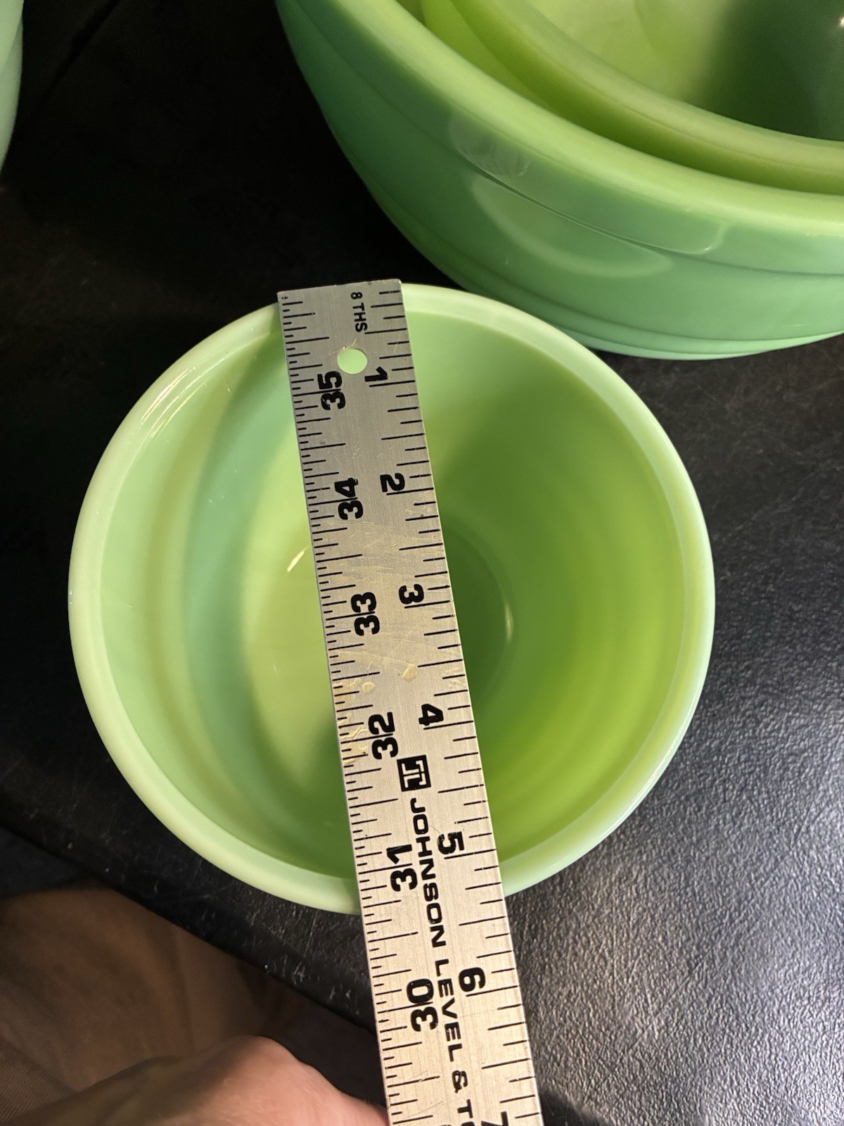 Jeannette Glass Concentric Circle Mixing Bowl Set Jadeite Green 5 7 & 9” Uranium