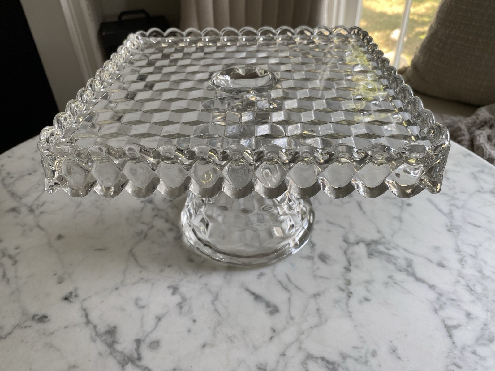 beautiful Vintage Glass Square Cake Stand rum well 10″ Fostoria American Cube