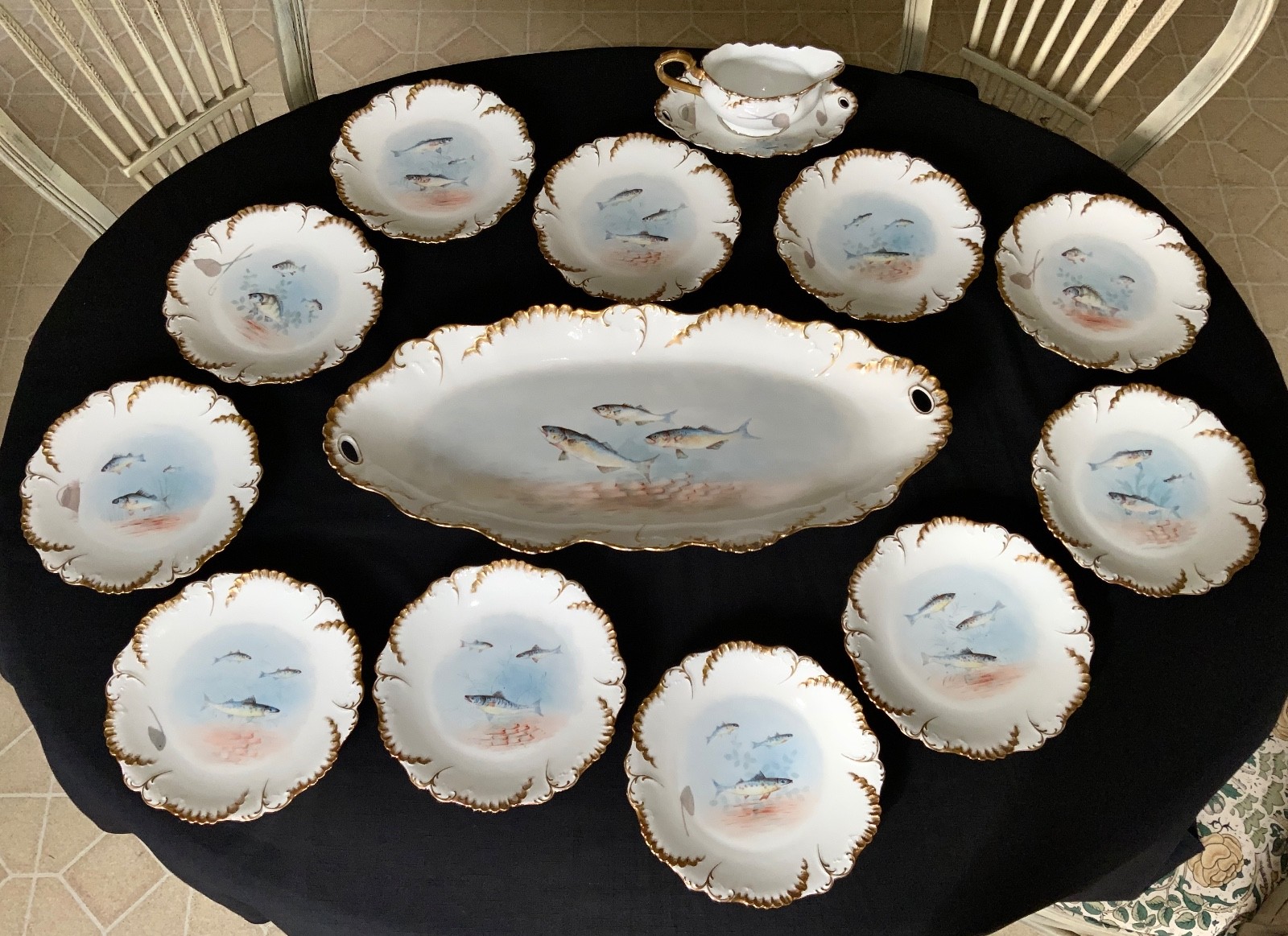 LAVIOLETTE ELITE LIMOGES FISH PLATTER & PLATE SET C.1896-1905 HIGGINS & SEITER