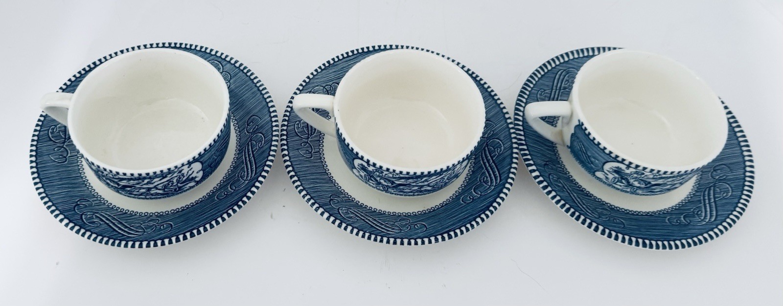 Currier & Ives Blue Royal China Coffee Tea Flat Cups With Saucers Lot of 2 Sets