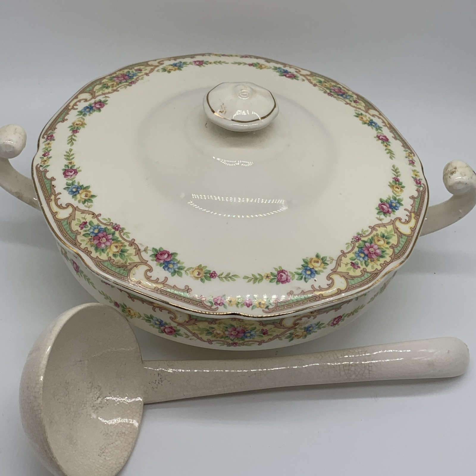 Vintage Ceramic Covered Vegetable Mildred Style, Ladle, Aged Prominent Crazing