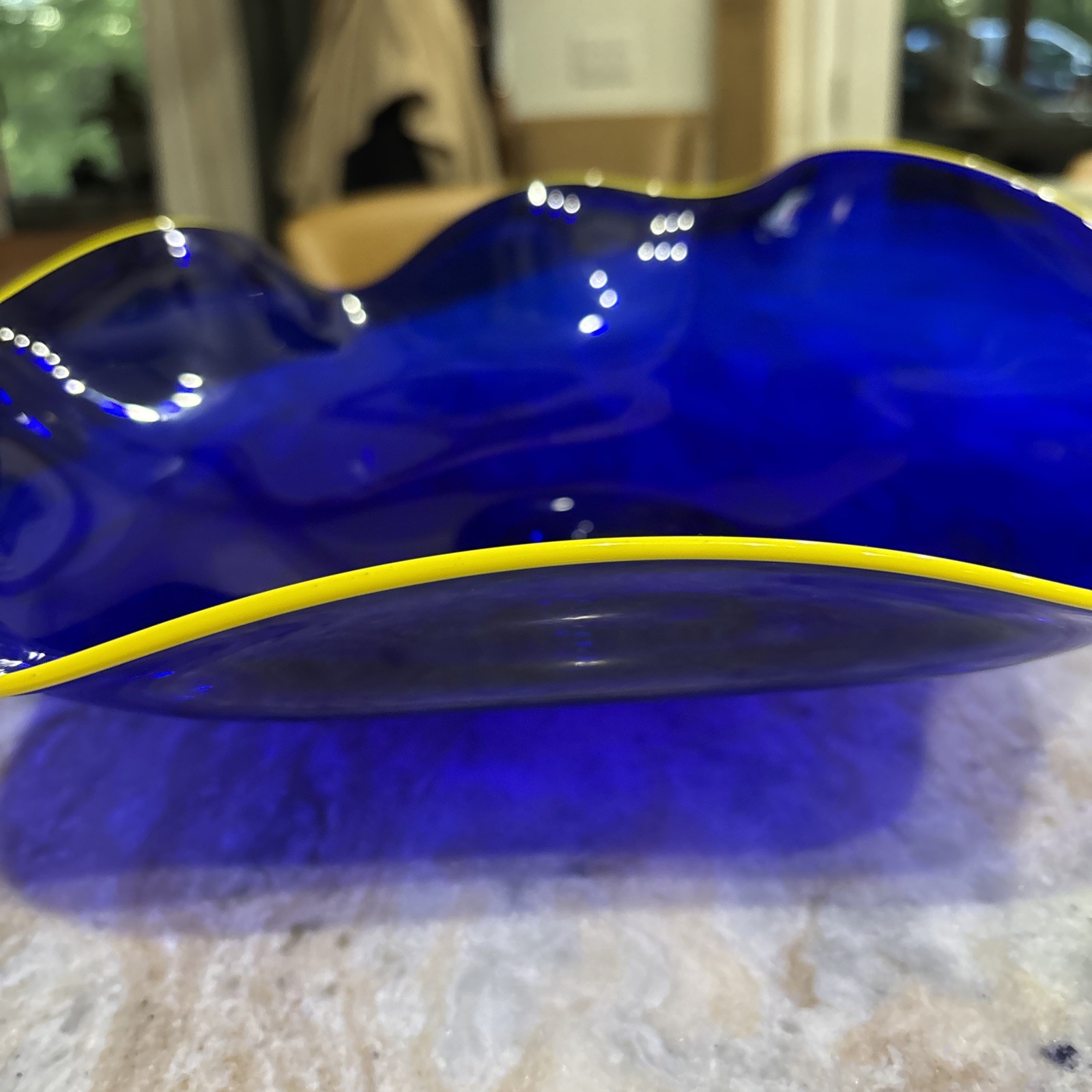 Vintage Algar Cobalt Blue Hand Blown Bowl With Bright Yellow Trim Detail. 14”