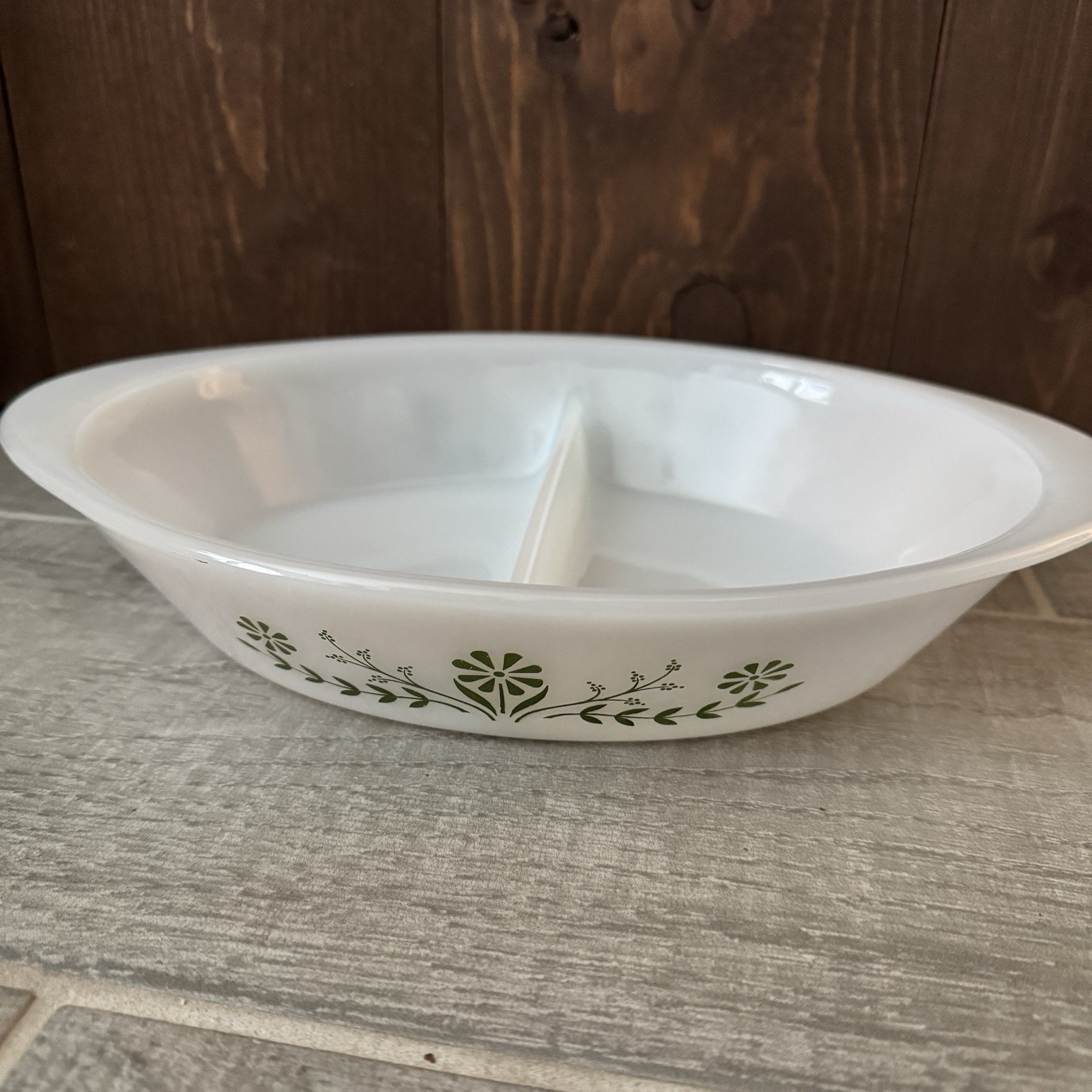 Vtg Green Daisy Glasbake Divided Casserole Dish J2352 Milk Glass Oval USA