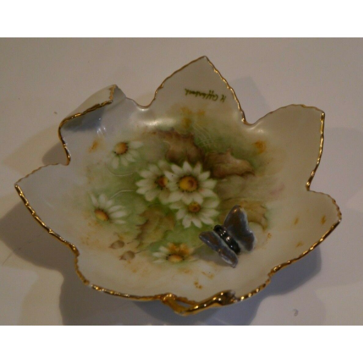 Trinket Dish Hand Painted Porcelain Flower Applied Raised Butterfly signed Vntg