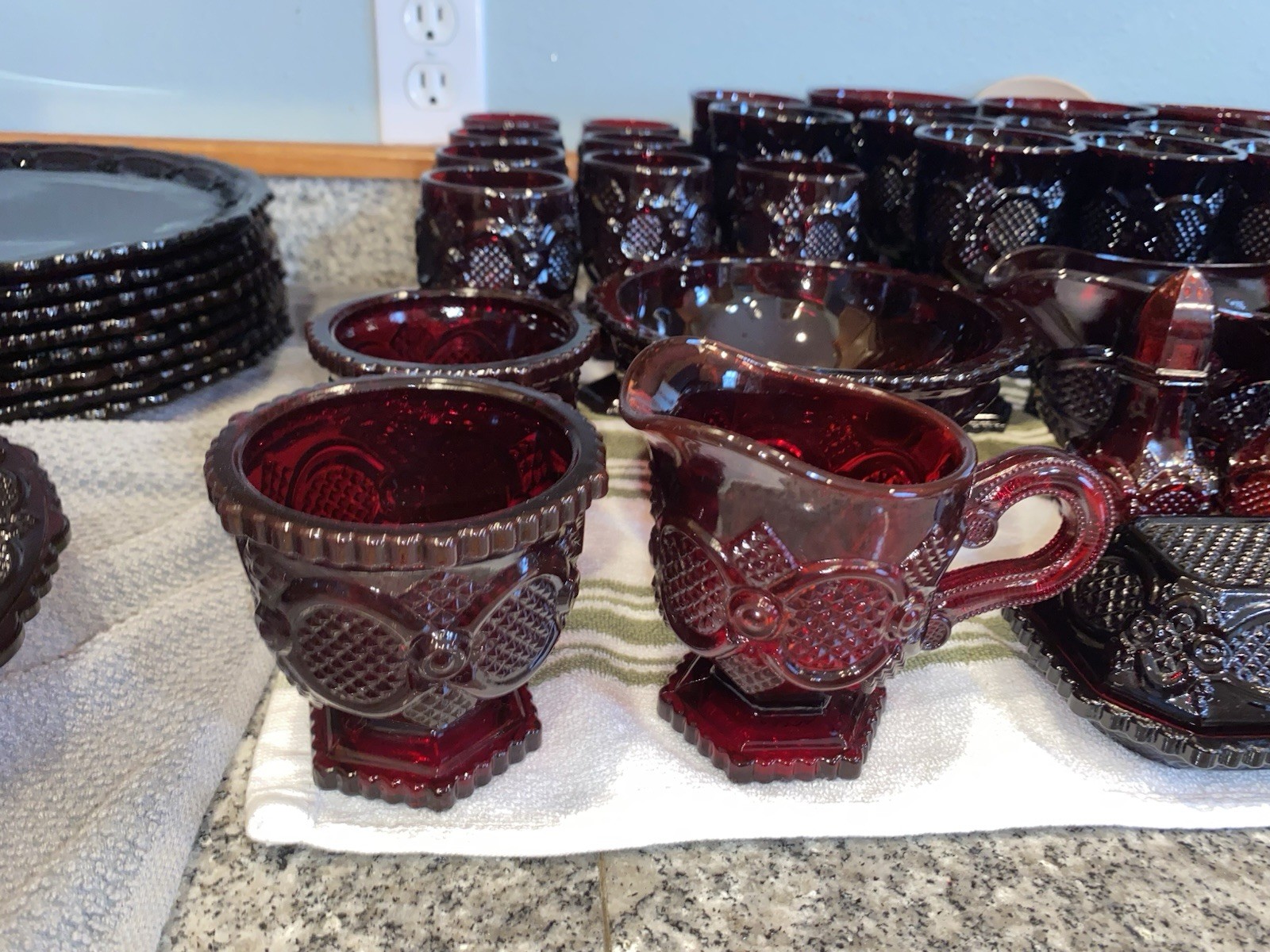 Dark Red Pressed Glass Dinnerware Set Plates Goblets Mugs Bowls Butter Dish