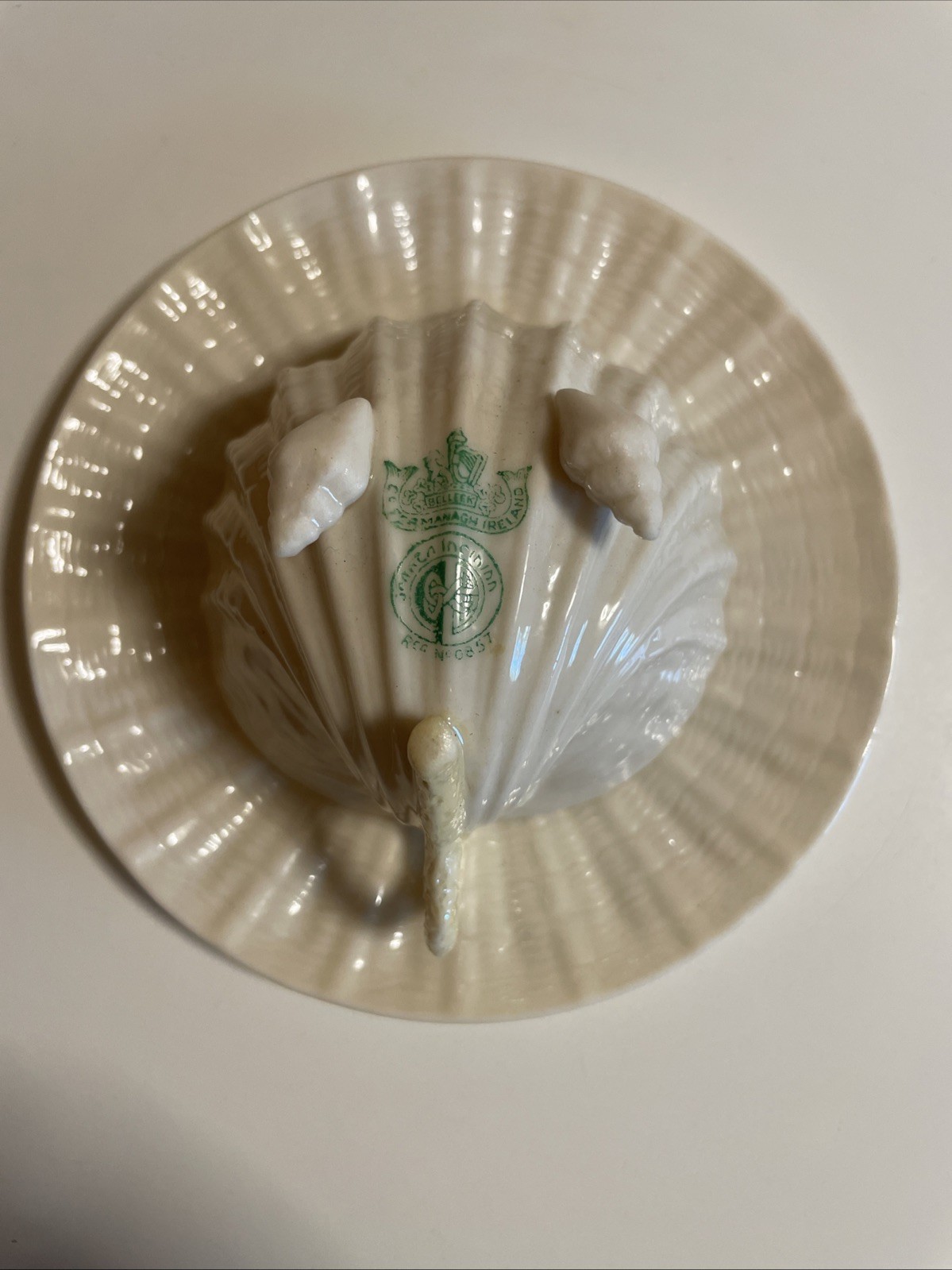 BELLEEK Neptune Yellow Shell Cup and Saucer 4th Gen Green Mark from 1946 -1955
