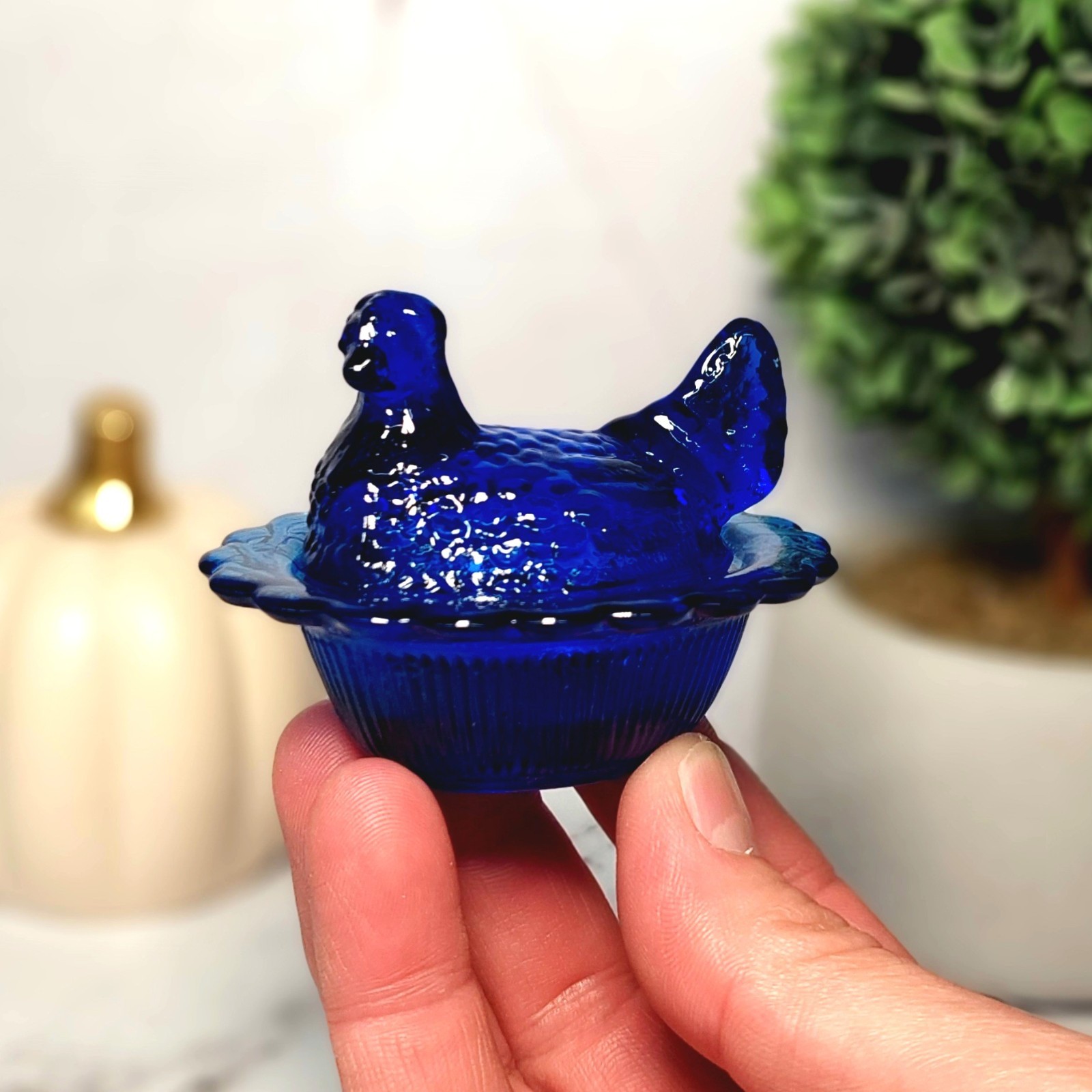 Mosser Cobalt Blue Glass Hen on Nest Salt Dish, Mini Chicken, Vintage Style