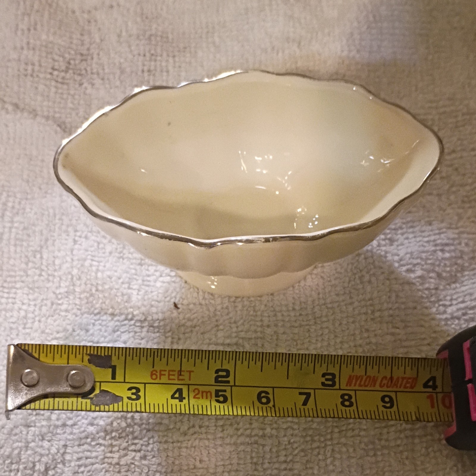 Lenox Ivory Scalloped Rim Pedestal Bowl Dish with Silver Trim, Glossy Ceramic