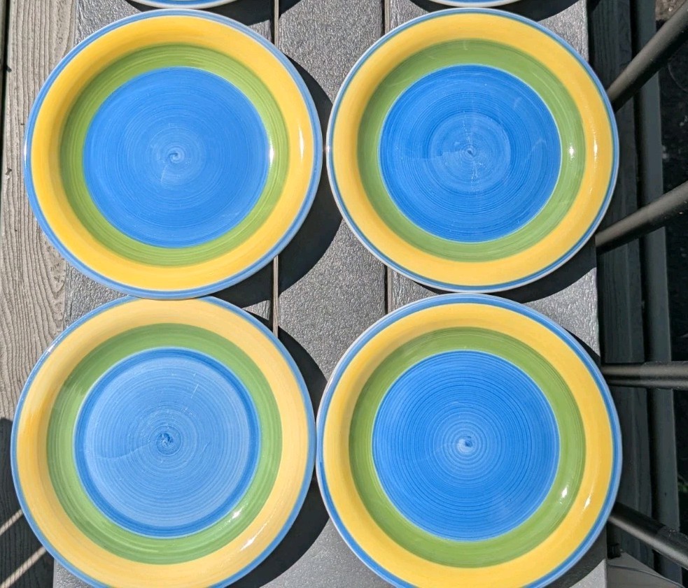 Set Of 4 Trisa Hand Painted Stoneware Salad Plates 7.5” Yellow Green Blue