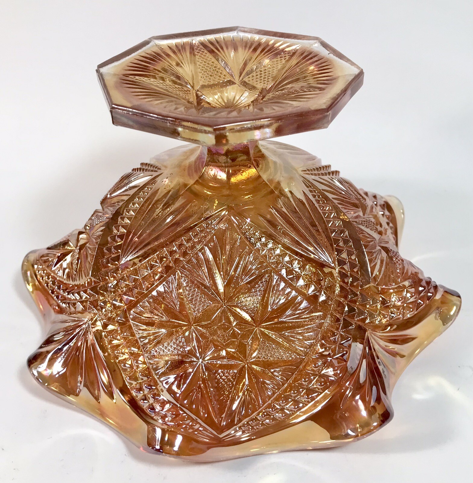 Imperial Carnival Glass Compote Bowl Marigold Scroll Eastern Star 7.5″ Footed