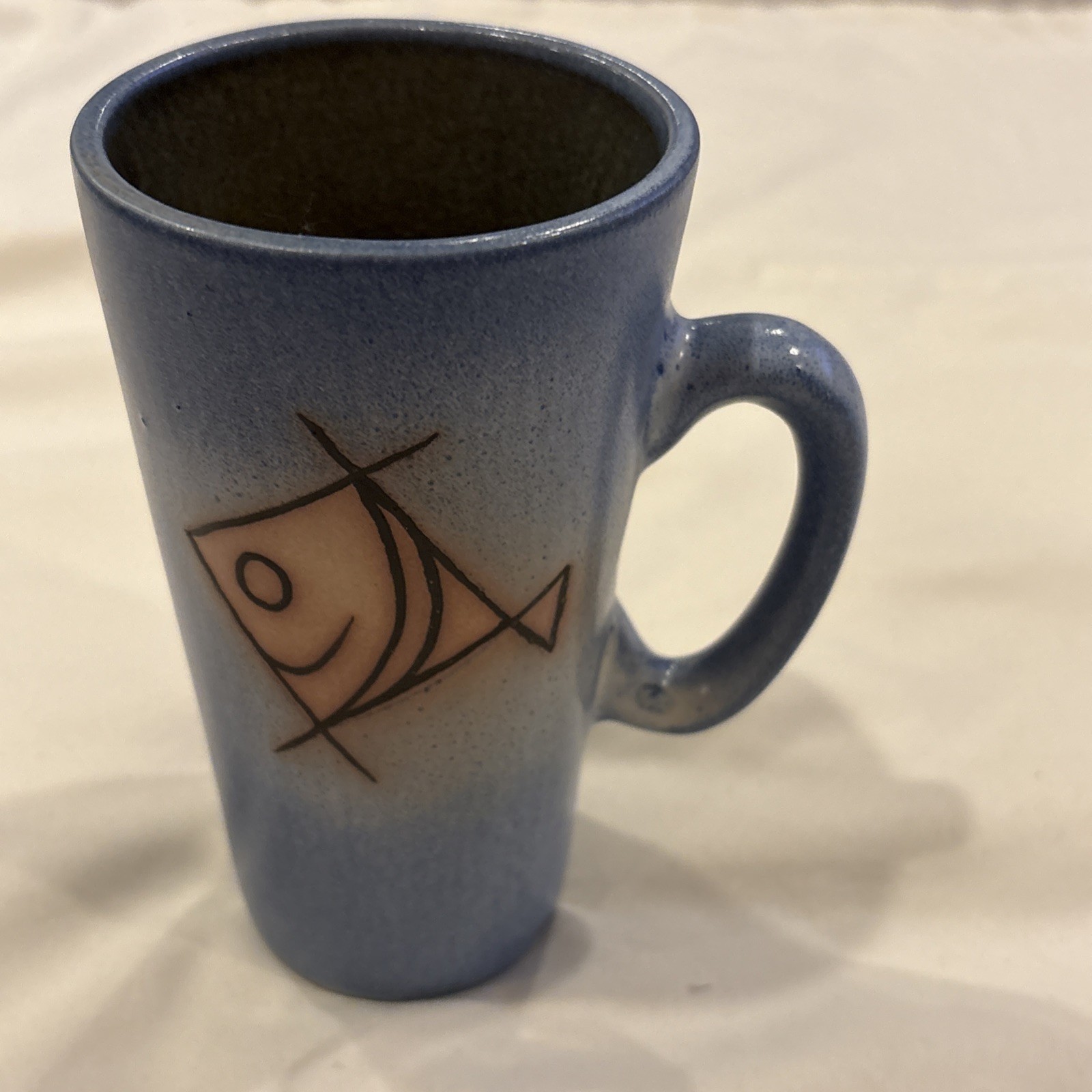 Studio Art Pottery Signed Blue Fish Coffee Tea Mug Handmade 5.7” Tall