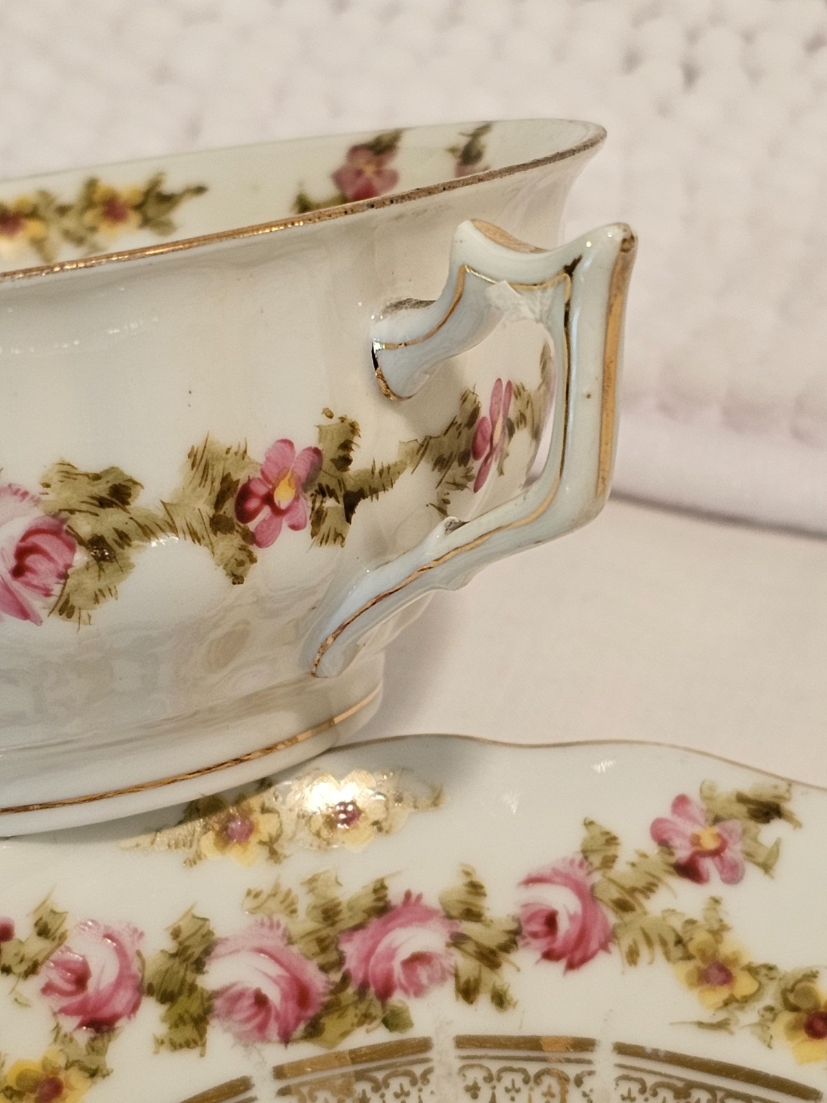 Bouillon cups w/ saucers, set of three, vintage china, Haviland, Vignaud, Saxe