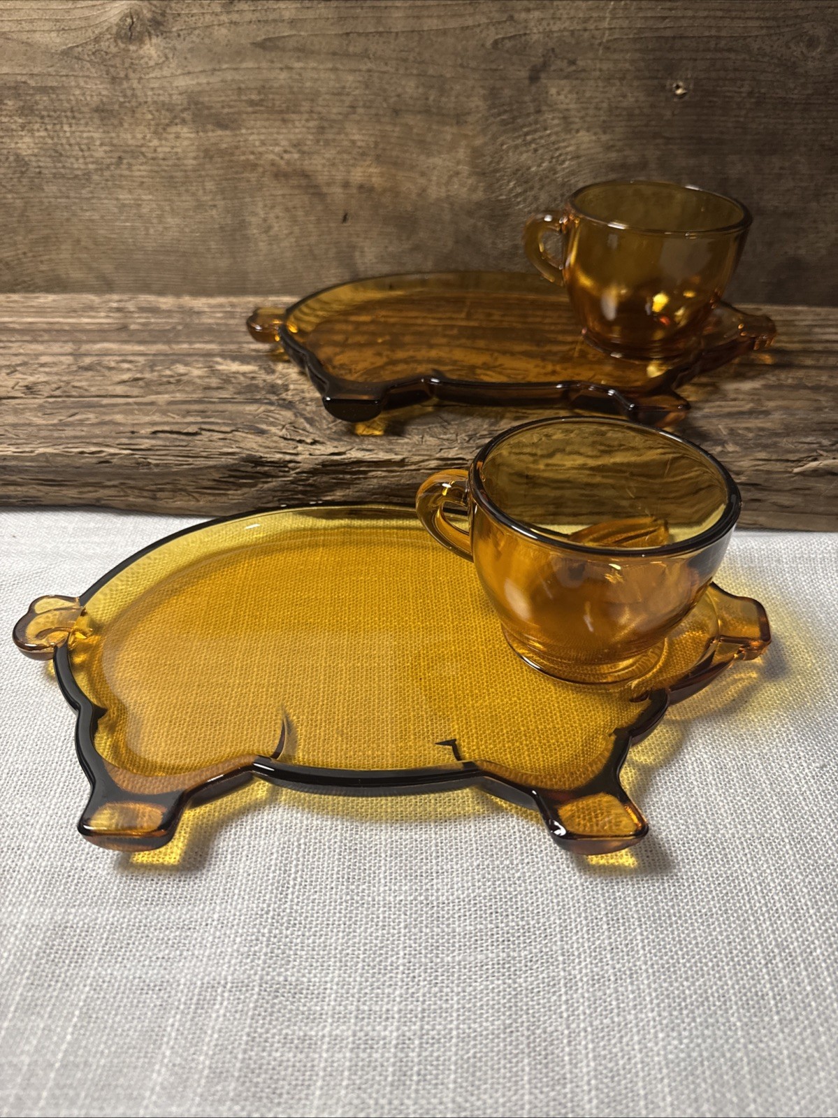 2 Set Of Vintage Amber Tiara Pig Shaped Snack Plate Cup Holder By Indiana Glass