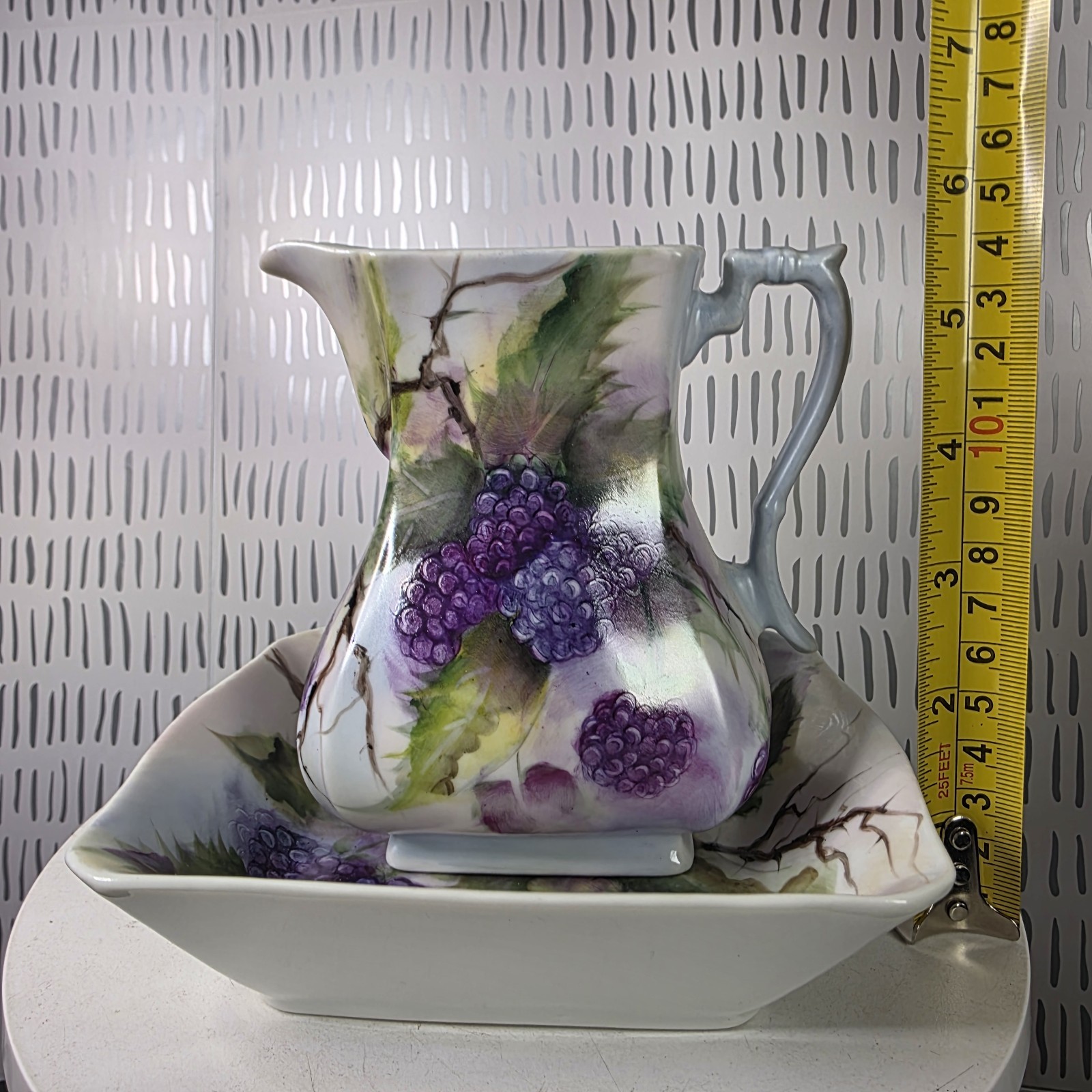 Vintage Artist Signed Hand Painted Porcelain Pitcher & Tray Blackberry Grape