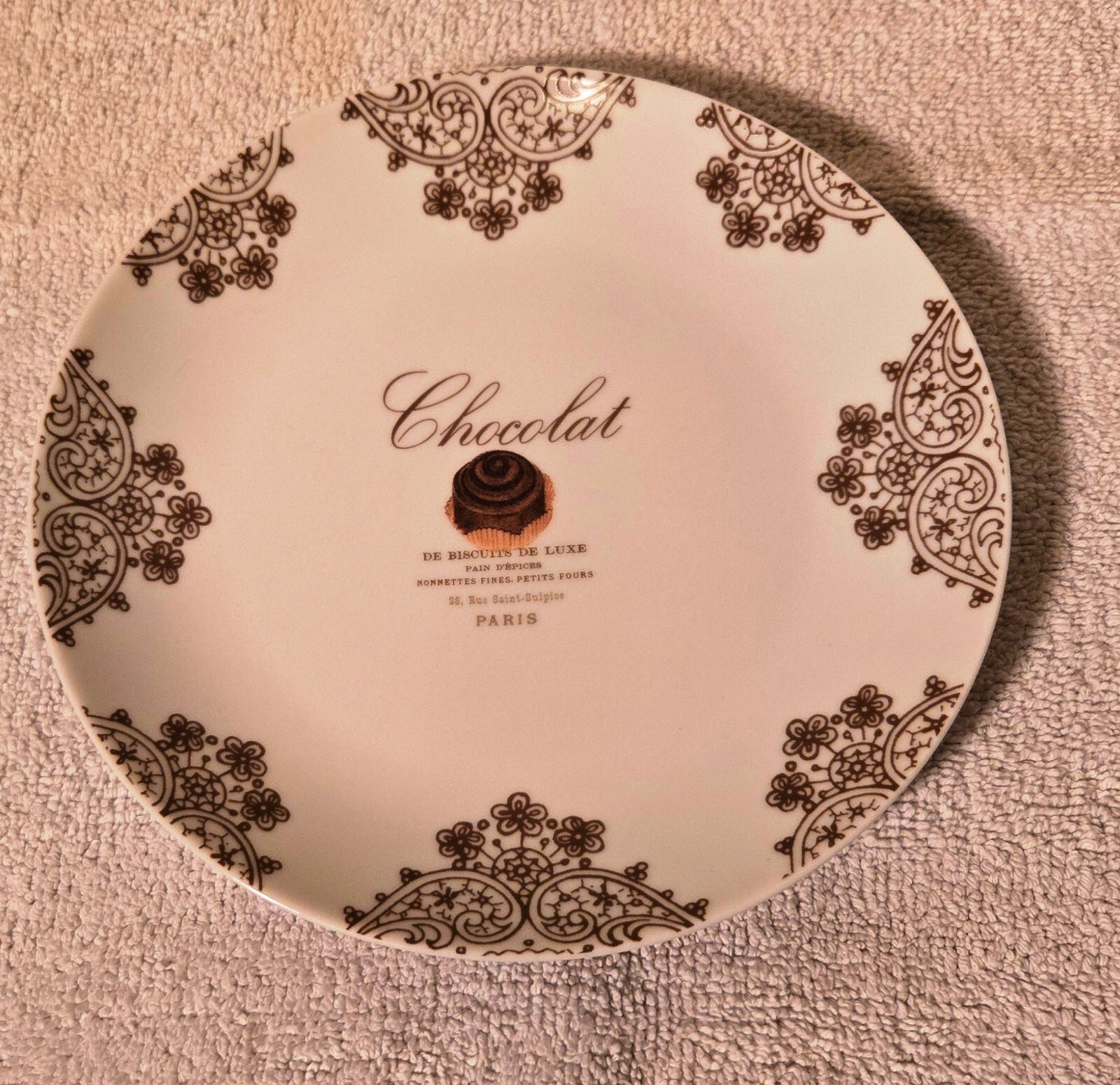 PPD White/Brown Desert Plate 8 in “CHOCOLAT” De Biscuits De Luxe” Paula Scaletta