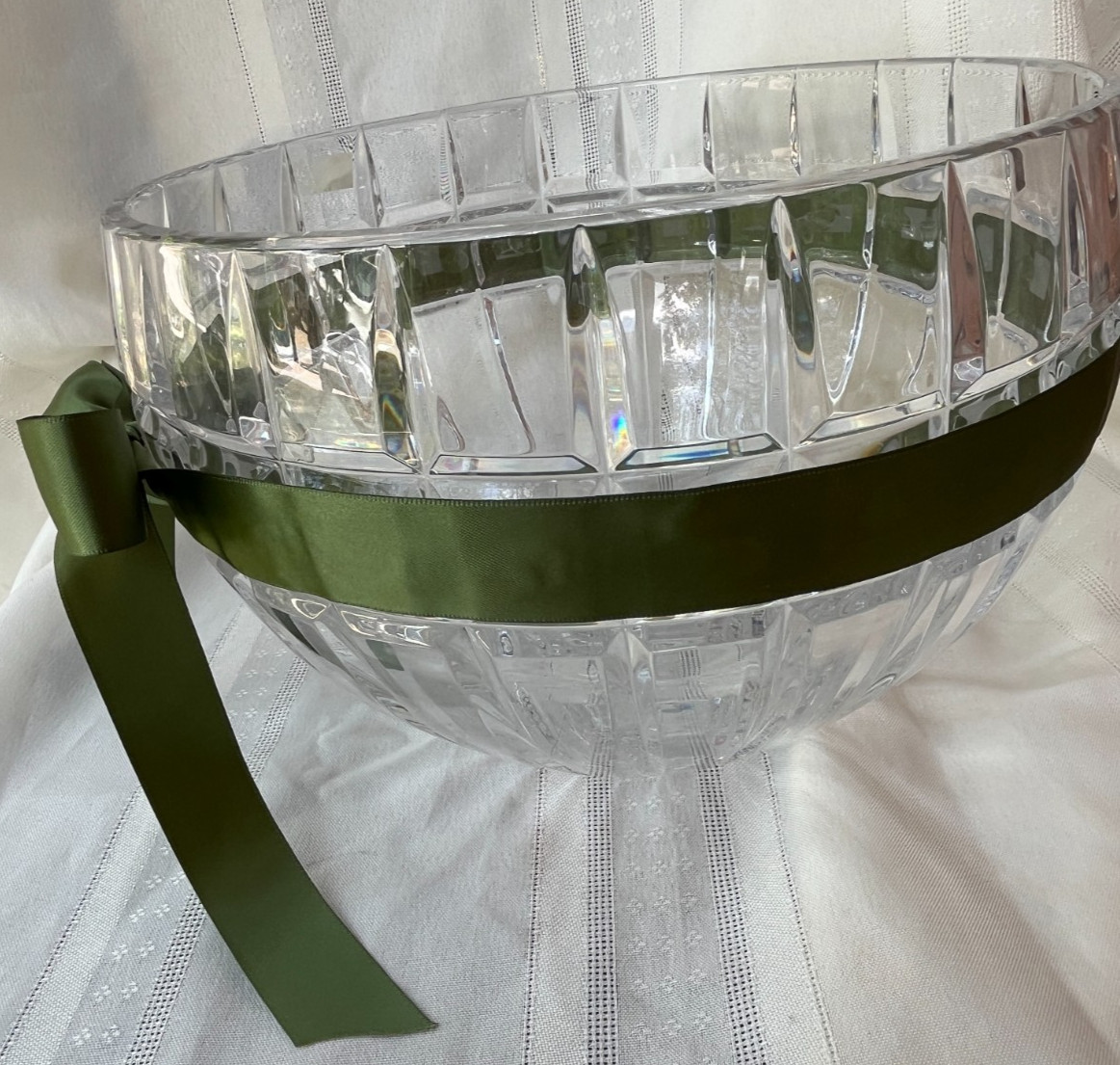 MARQUIS by WATERFORD QUADRATA CRYSTAL 7″ BOWL ~ GREEN RIBBON ATTACHED ~ SIGNED