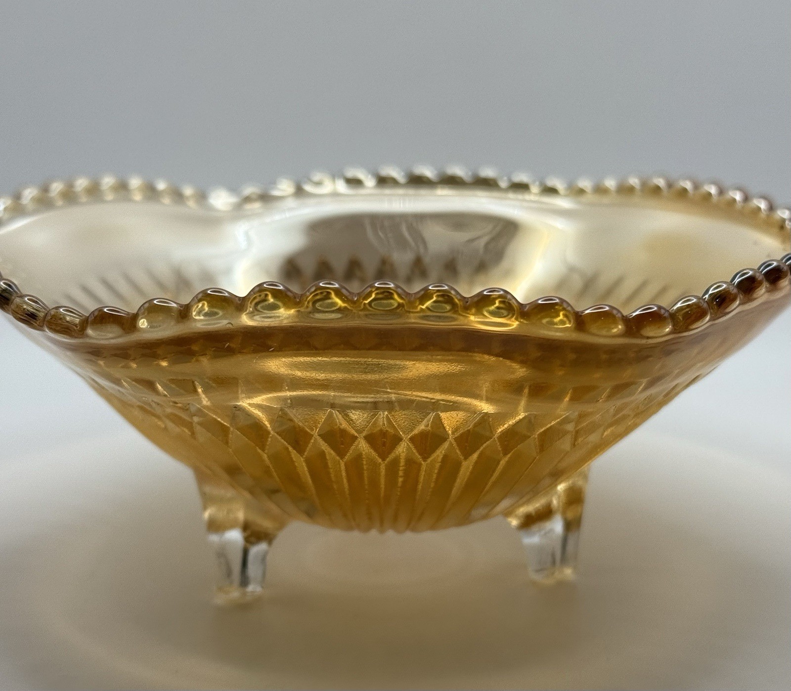 Vintage Carnival Glass Jeanette Glass 3 Footed Marigold ‘Anniversary’ Bowl 6.5”