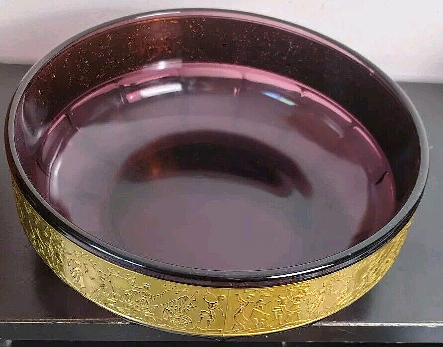 Antique Moser Amethyst Art Glass Bowl W/ Gilded Cameo Frieze 1920s Art Nouveau
