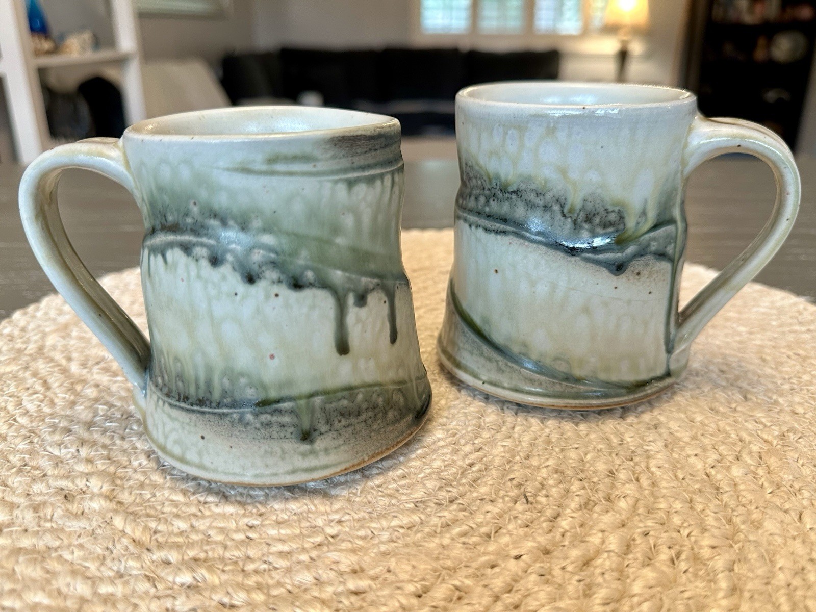 Studio Art Pottery Mugs Set Of Two Earthy Green Drip Glaze Signed Charlie Tefft