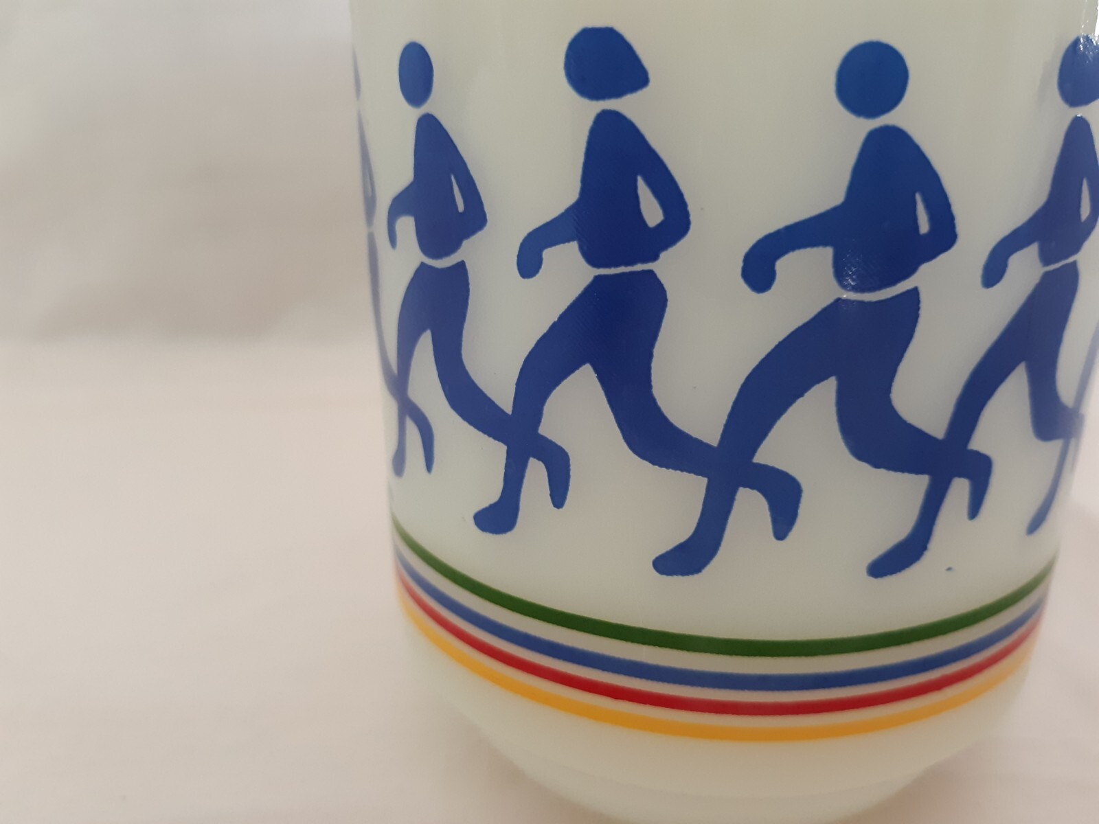 1980 Anchor Hocking FireKing Rainbow Runner Live Love Laugh Play Milk Glass Mug