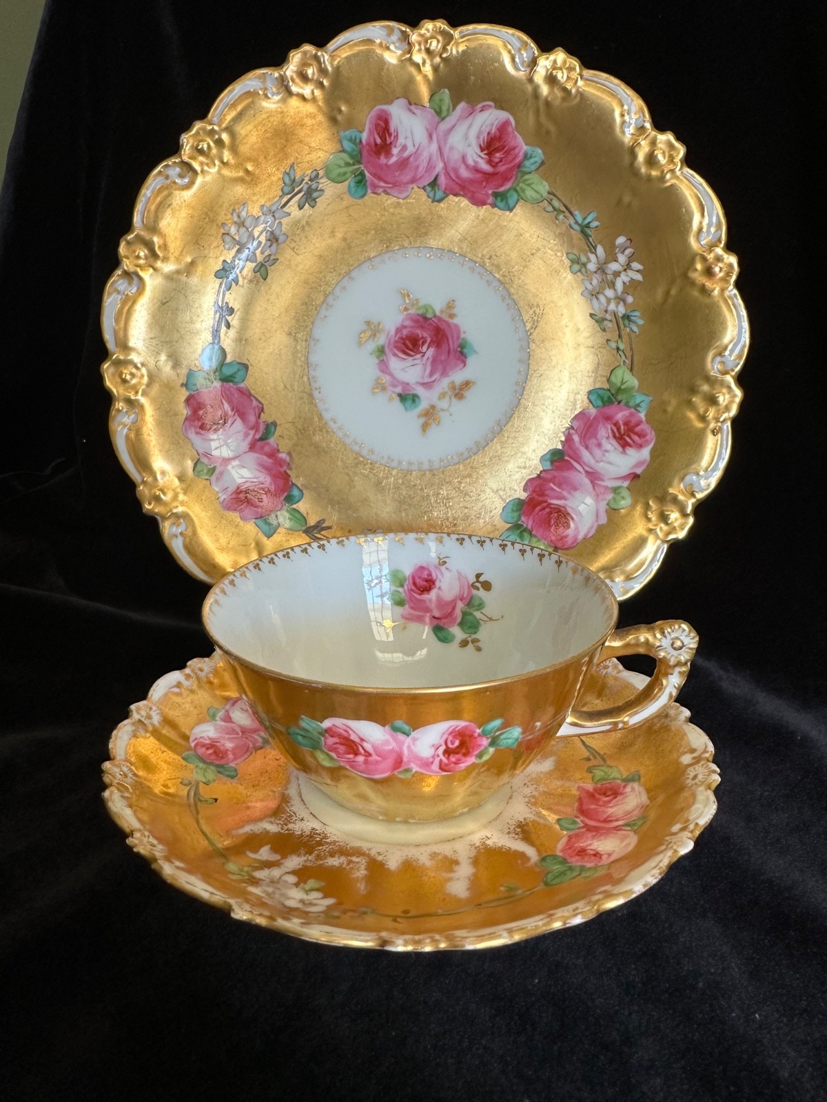 Antique Limoges Coronet Heavy Gold Cabbage Roses Trio Cup Saucer Plate handpaint
