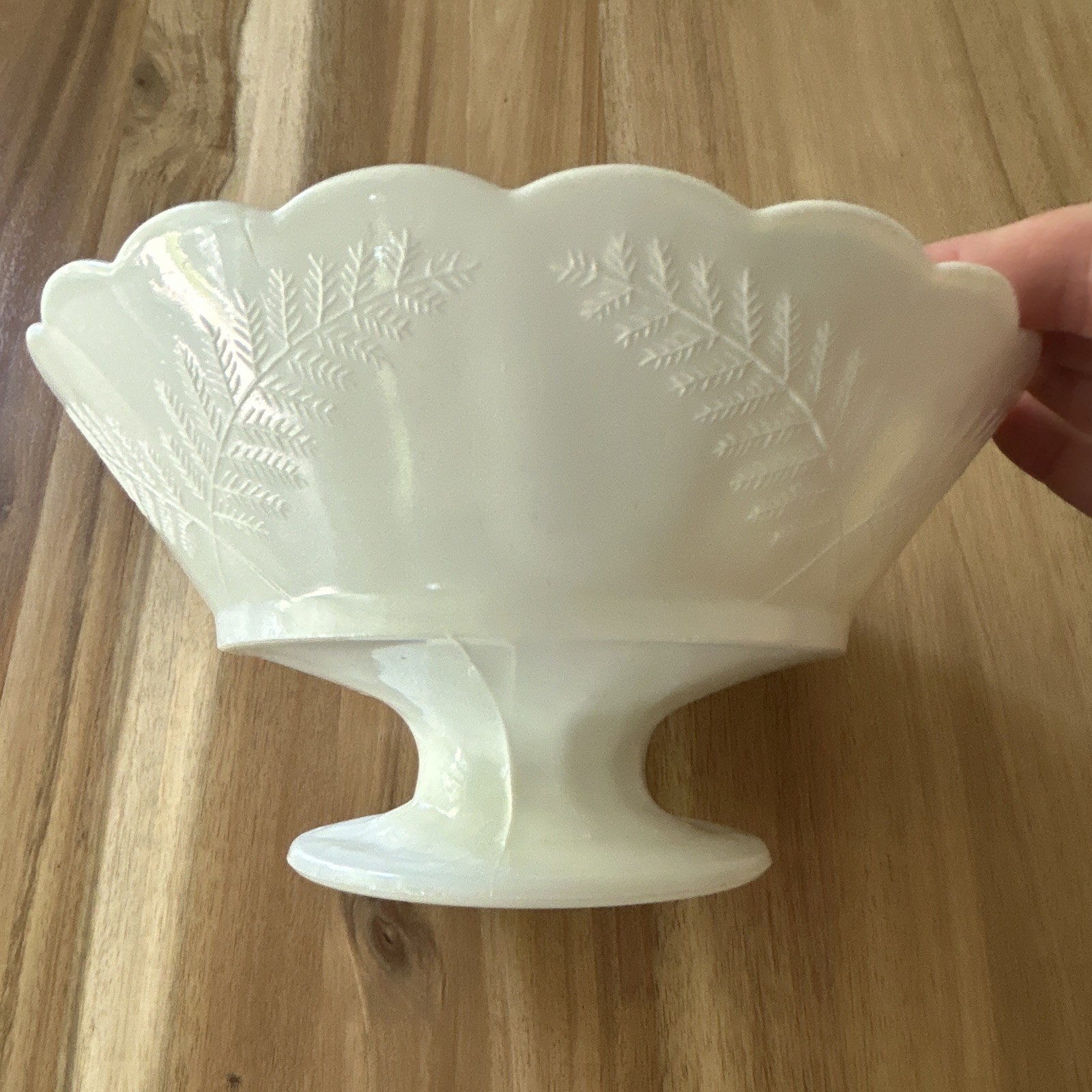 White Milk Glass Fern Scalloped Pedestal Compote Bowl Glossy Decorative