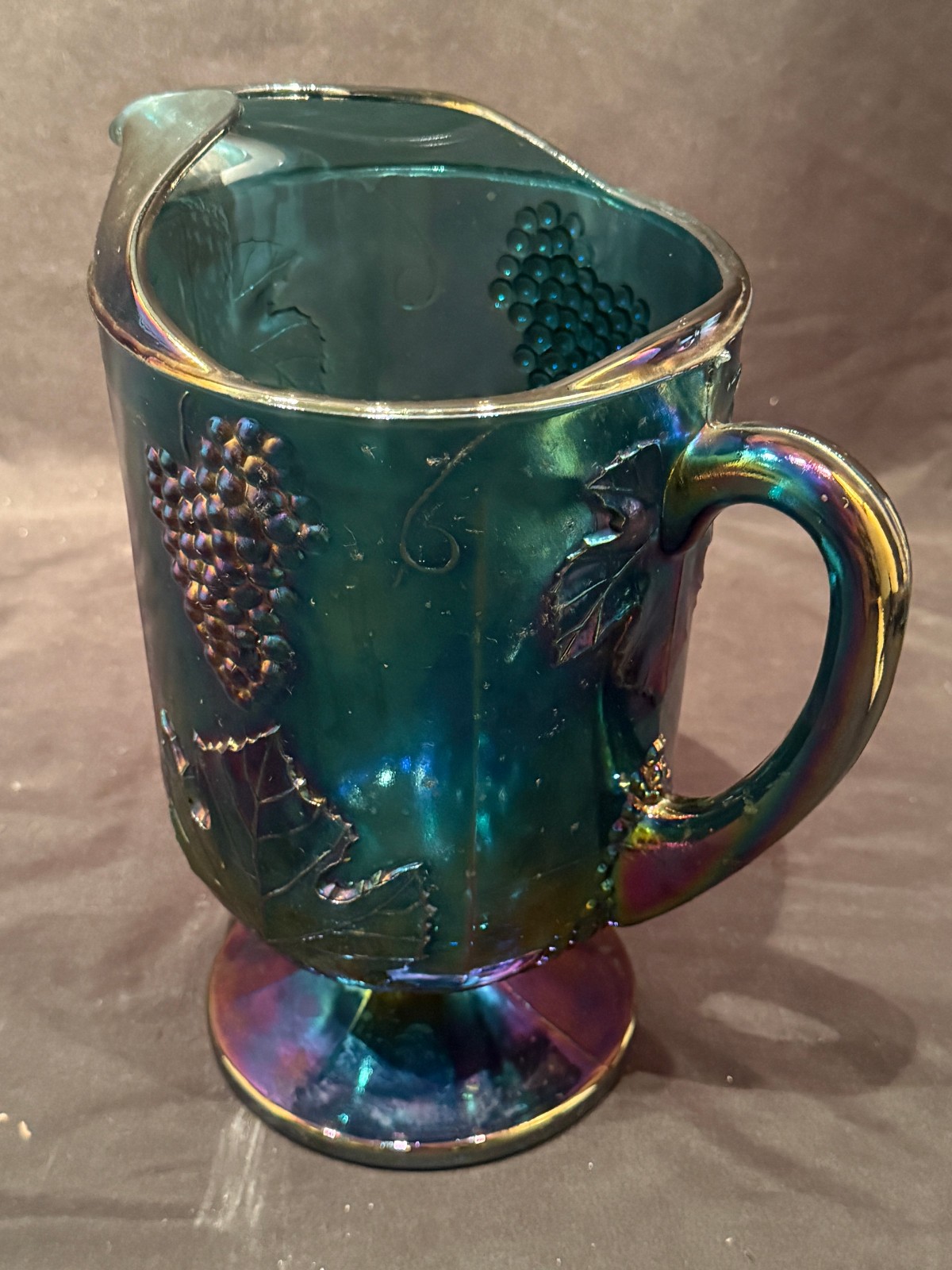 Harvest Grape & Leaf Indiana Art Glass Carnival Iridescent Blue Water Pitcher