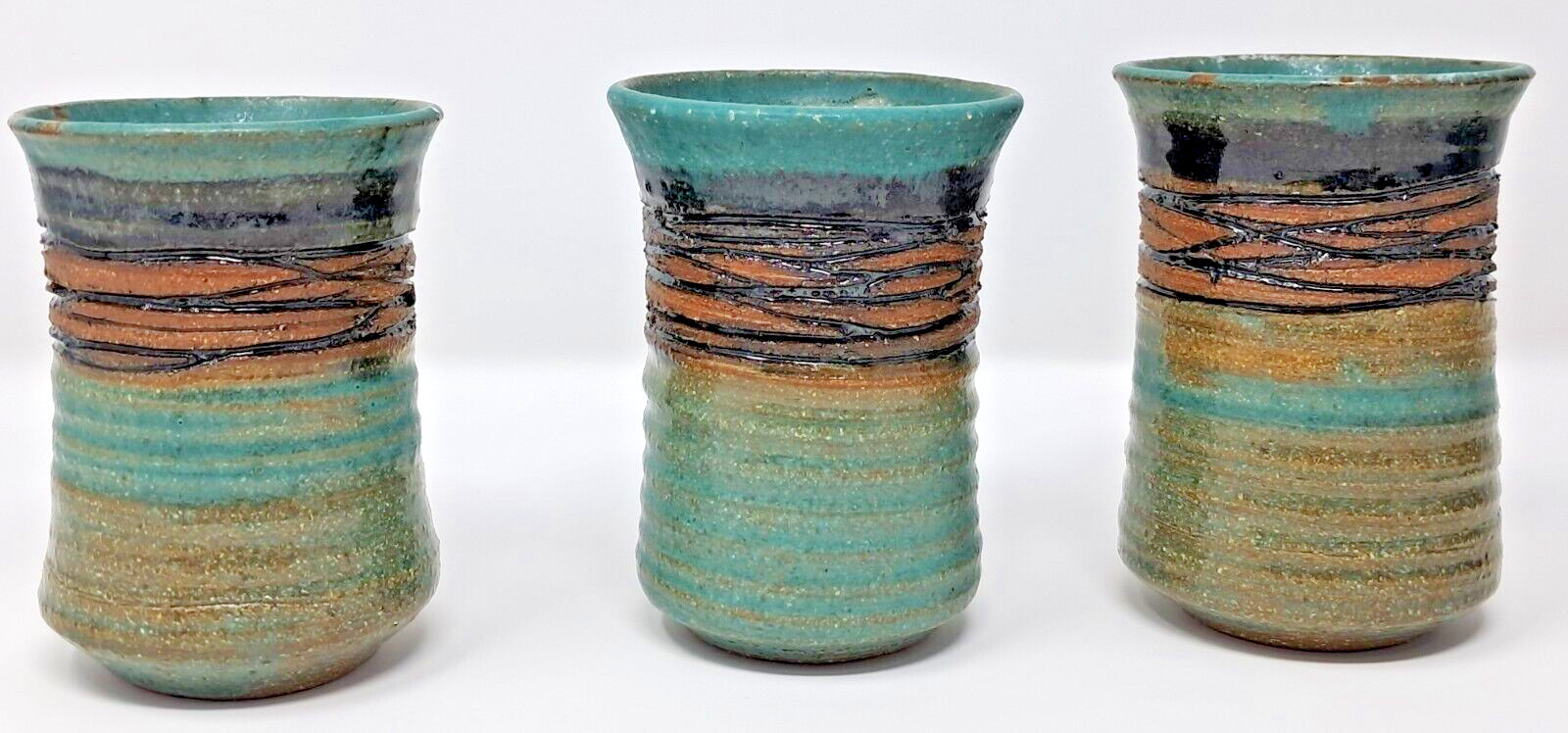 Stoneware Art Pottery Cups 8-9 fl oz Set of 6 turquoise glaze 4″ tall unique