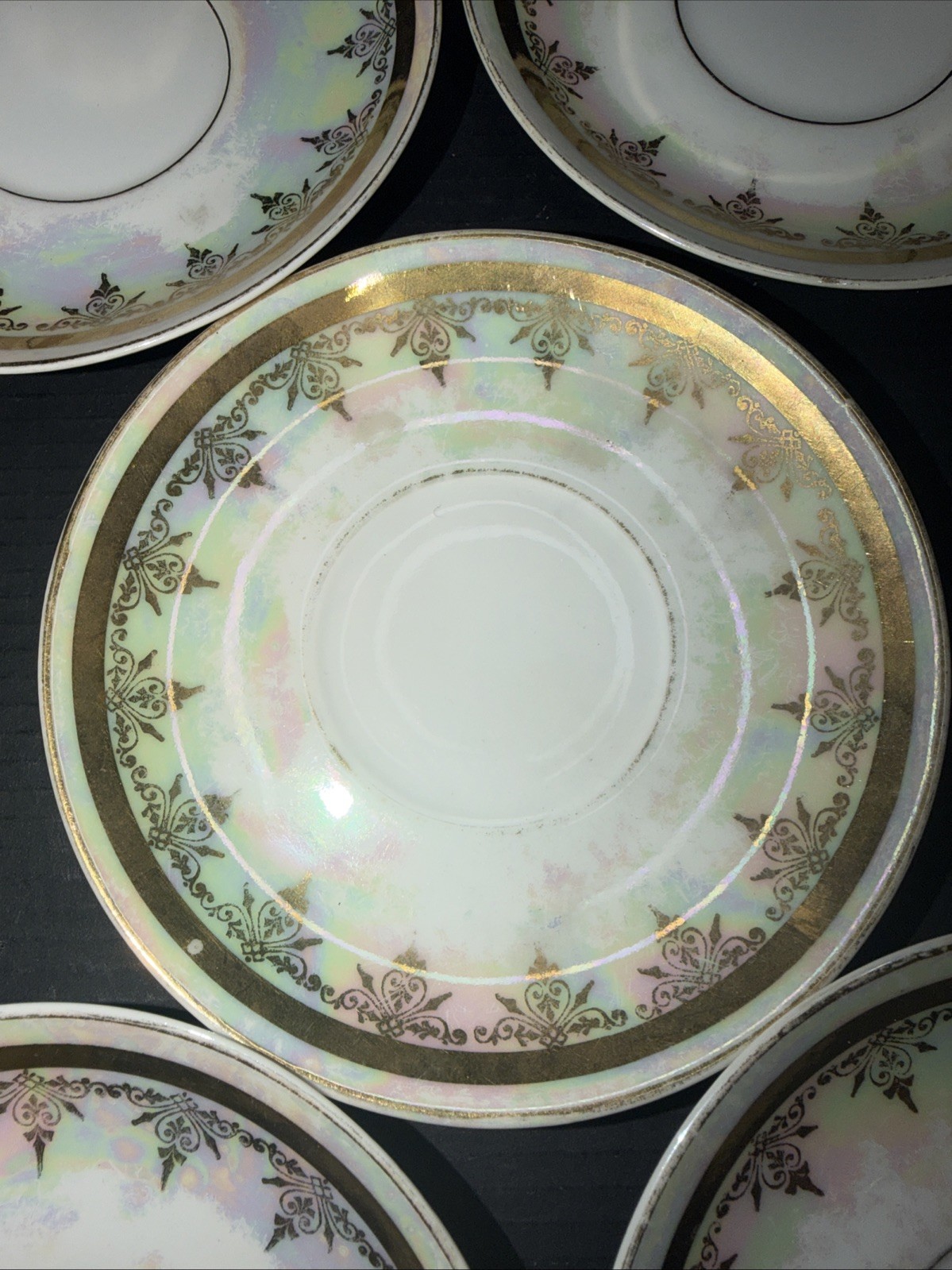 Vintage Bohemia Czech Lustreware Saucers Gold Trim Set Czechoslovakia