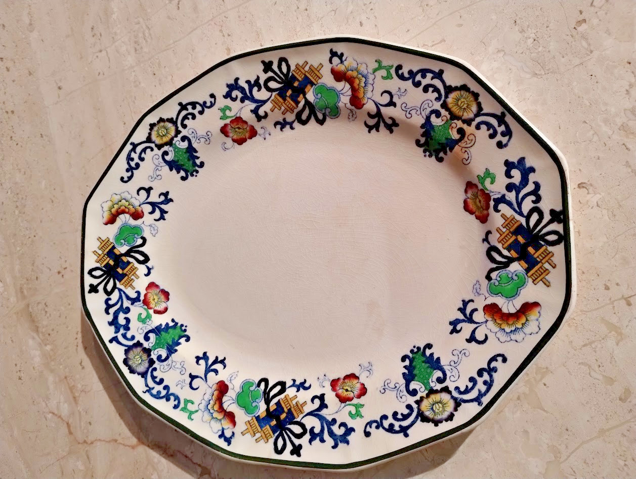 Antique Royal Doulton Burslem Nankin Oval Plate Floral/Sacred Scrolls 11.5x 9.25