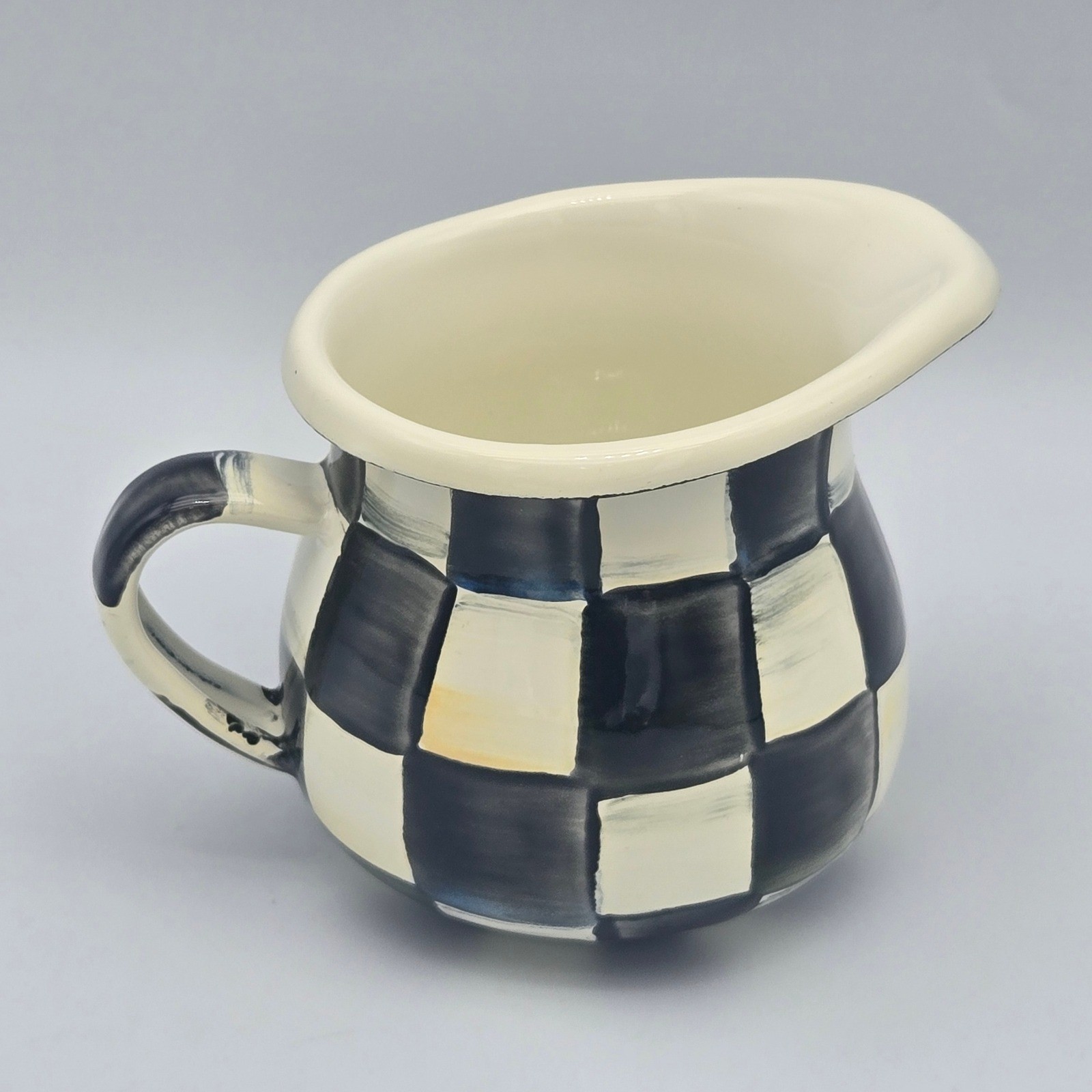 MacKenzie-Childs Courtly Check Enamel Creamer Pitcher Black and White Classic 3″