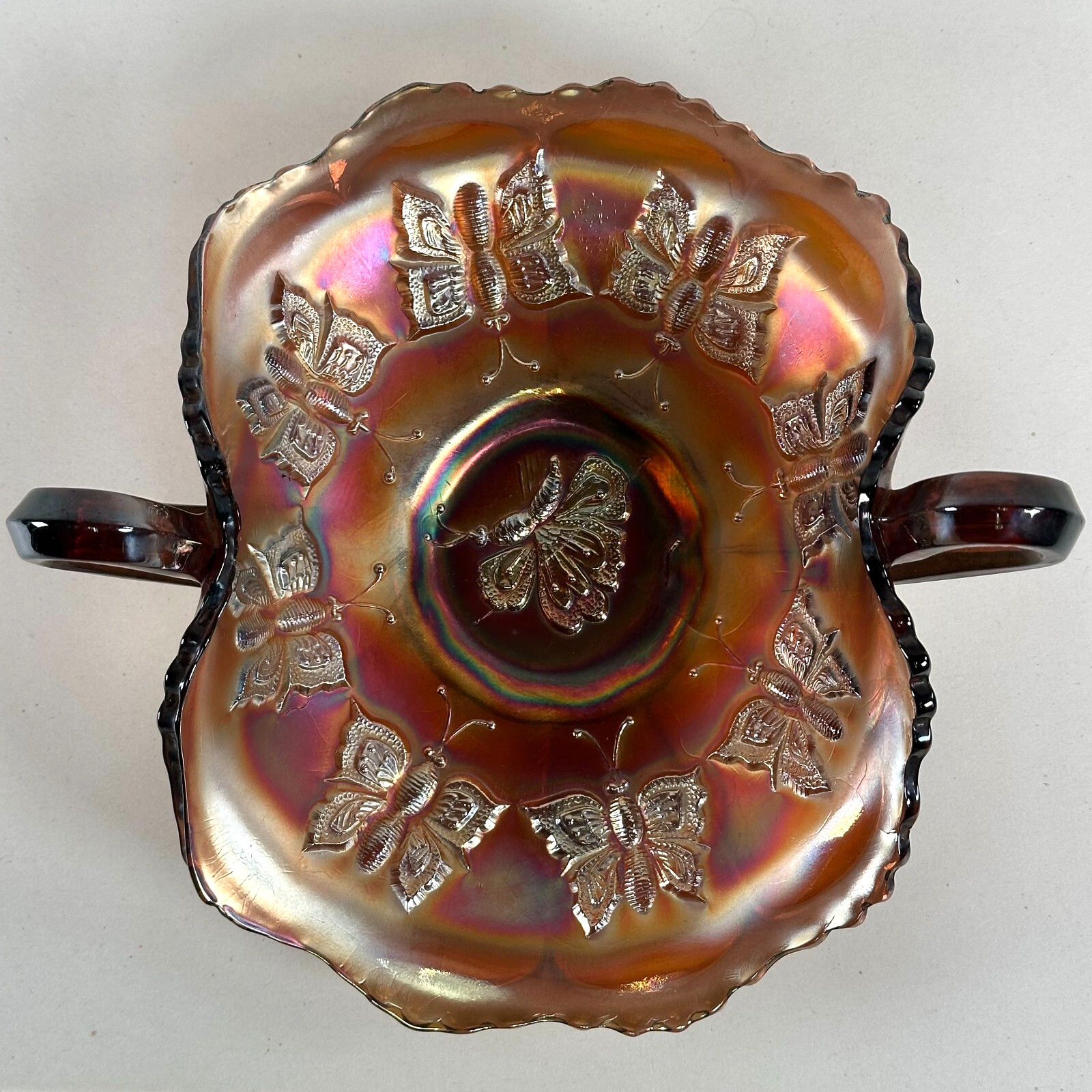 Fenton Art Glass Amethyst Carnival Butterfly Bon-Bon Dish w/ Handles – Vintage